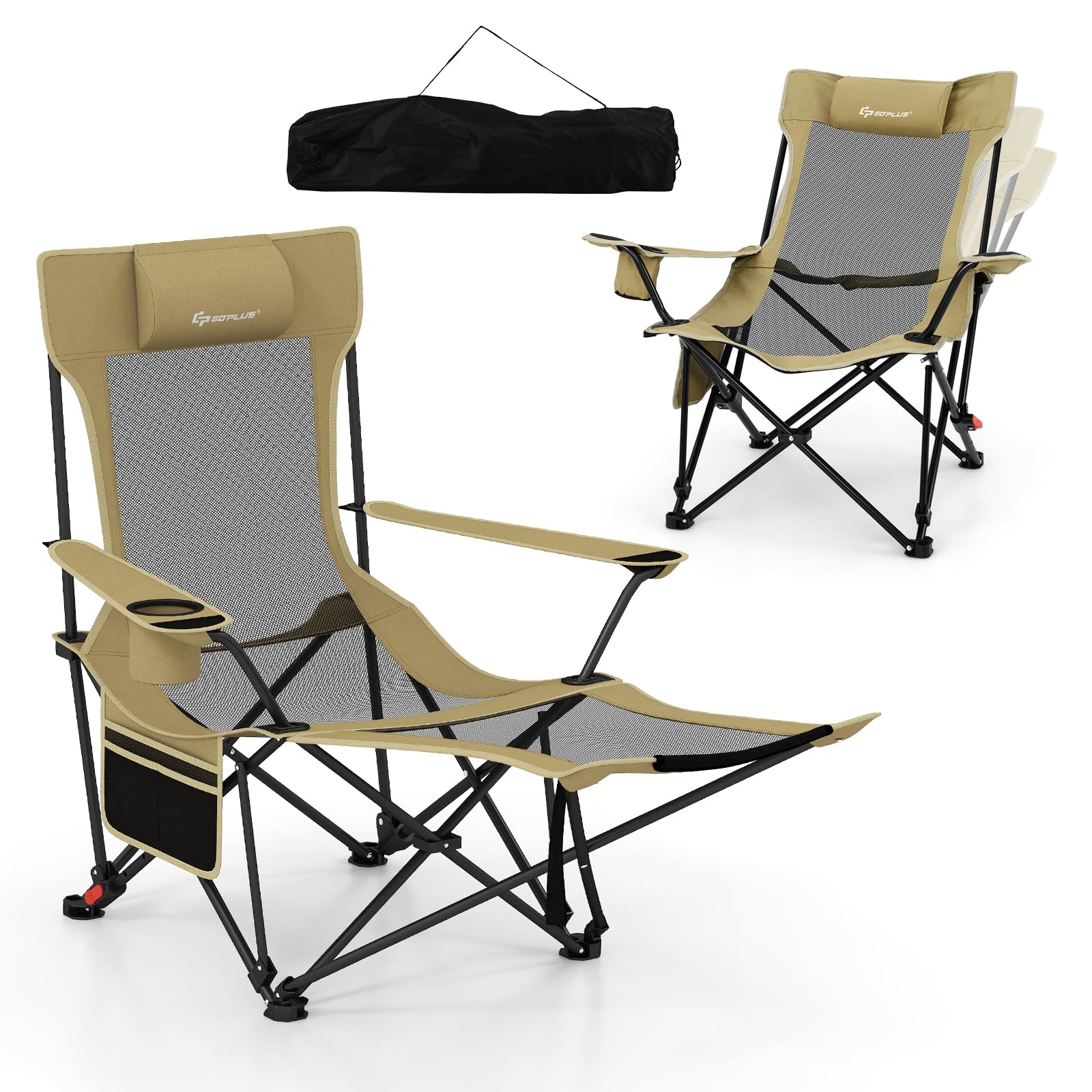 COSTWAY Folding Camping Chair, 2 in 1 Portable Reclining Camp Chair with Detachable Footrest, Adjustable Backrest, Storage Bag, Cup Holder & Headrest, Outdoor Lawn Chair for Fishing & Picnics (Khaki)