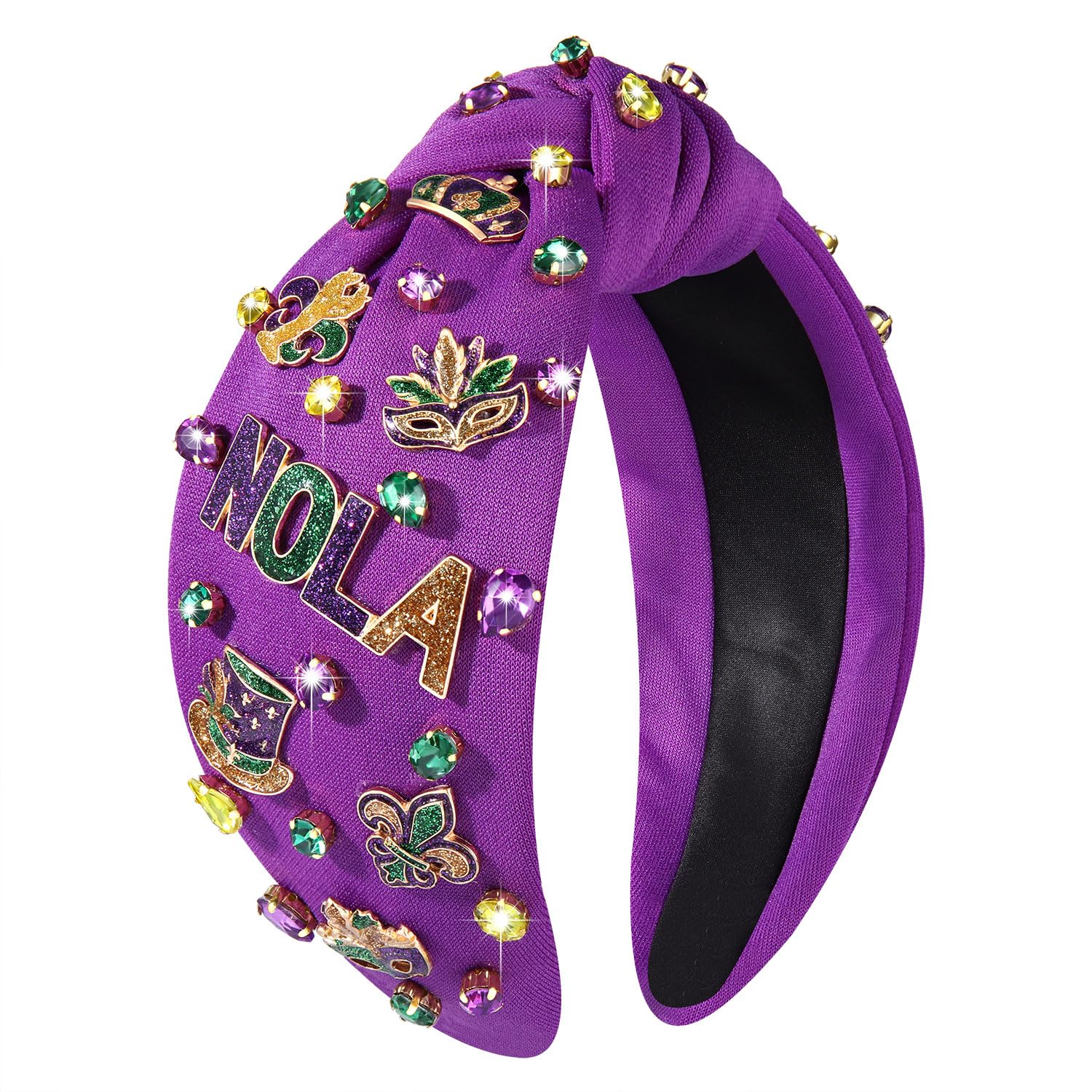 Mardi Gras Headband for Women Fleur De Lis Crown Mask Headband Purple Jeweled Rhinestone Pearl Top Knot Headbands Carnival Mardi Gras Accessories
