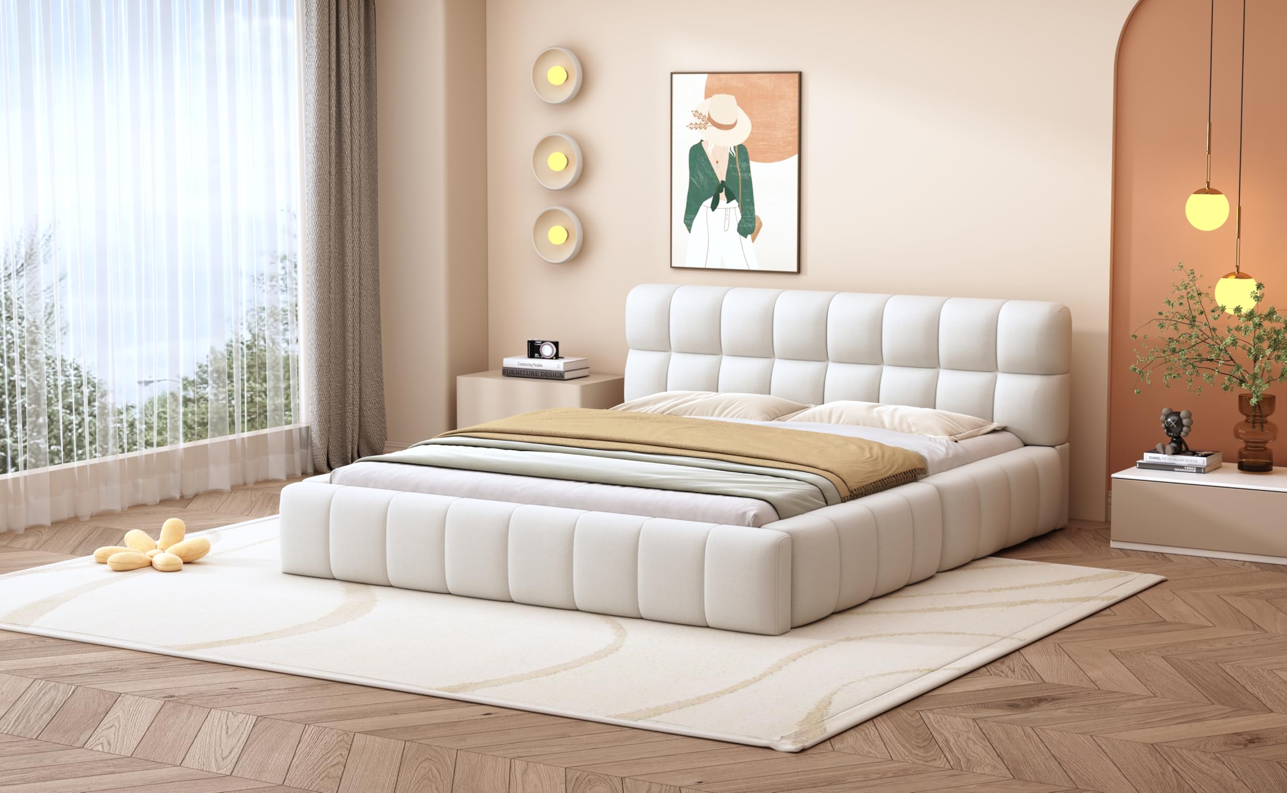 Letto imbottito con schienale morbido, piano con bordo imbottito, rete a doghe in lino (materasso non incluso) (beige, 140 x 200 cm)