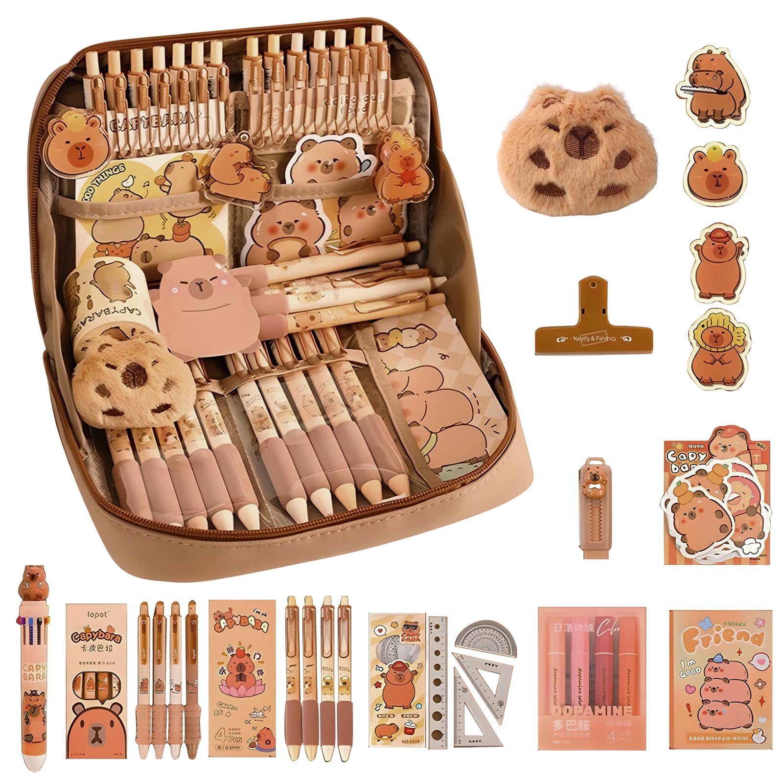WideSmart 51PCS Capybara Stationery Set, Large Capacity Pencil Case,Multi-Layer Pencil Case with Eraser, Ballpoint Pens,Sticker,Brooch and More for Office Kids School Supplies