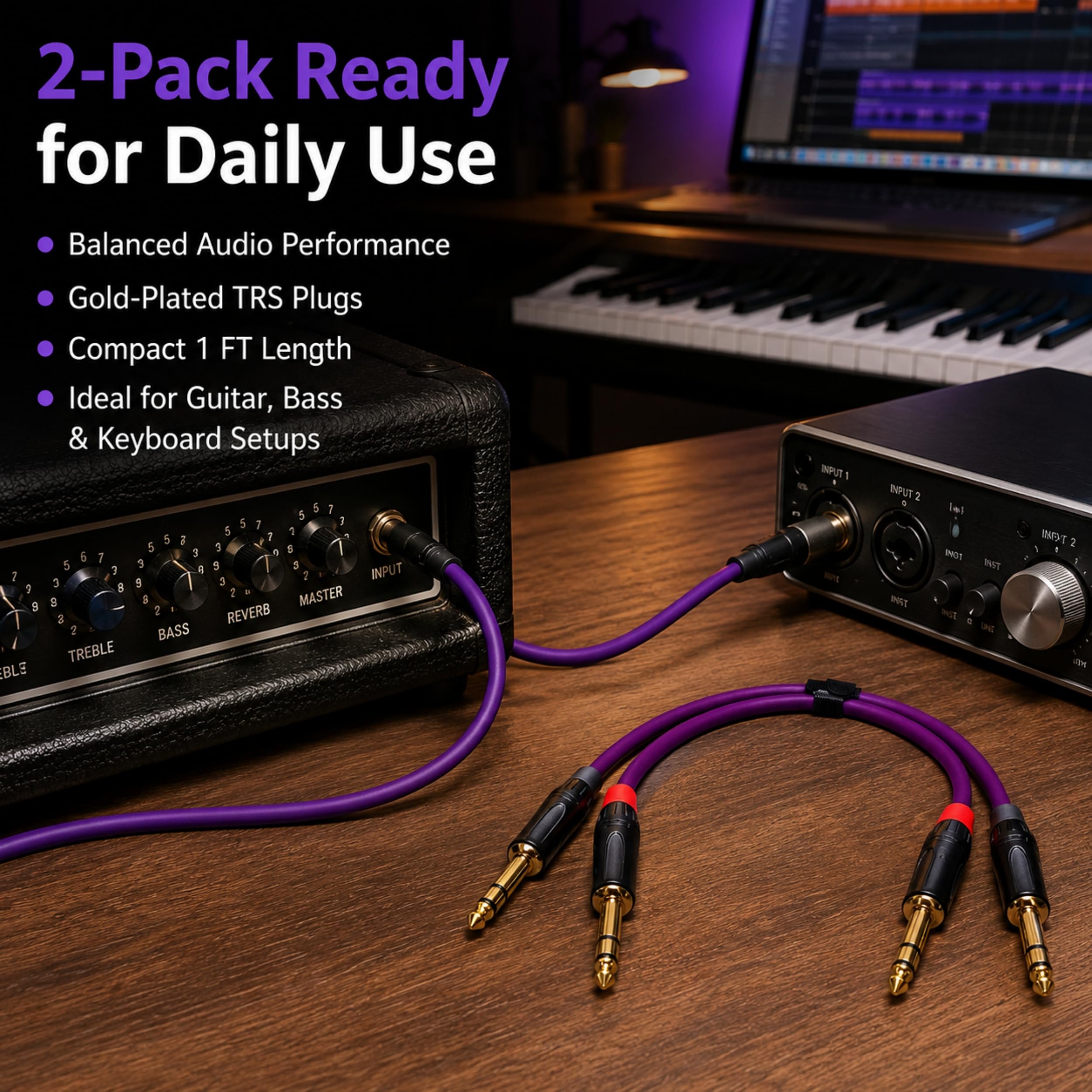 Audiokabel – 0,3 m langes Amperekabel für Bass, Tastatur, Studiomonitore, Mischpult, 1/4 Zoll TRS-Instrumentenkabel – 2 Stück