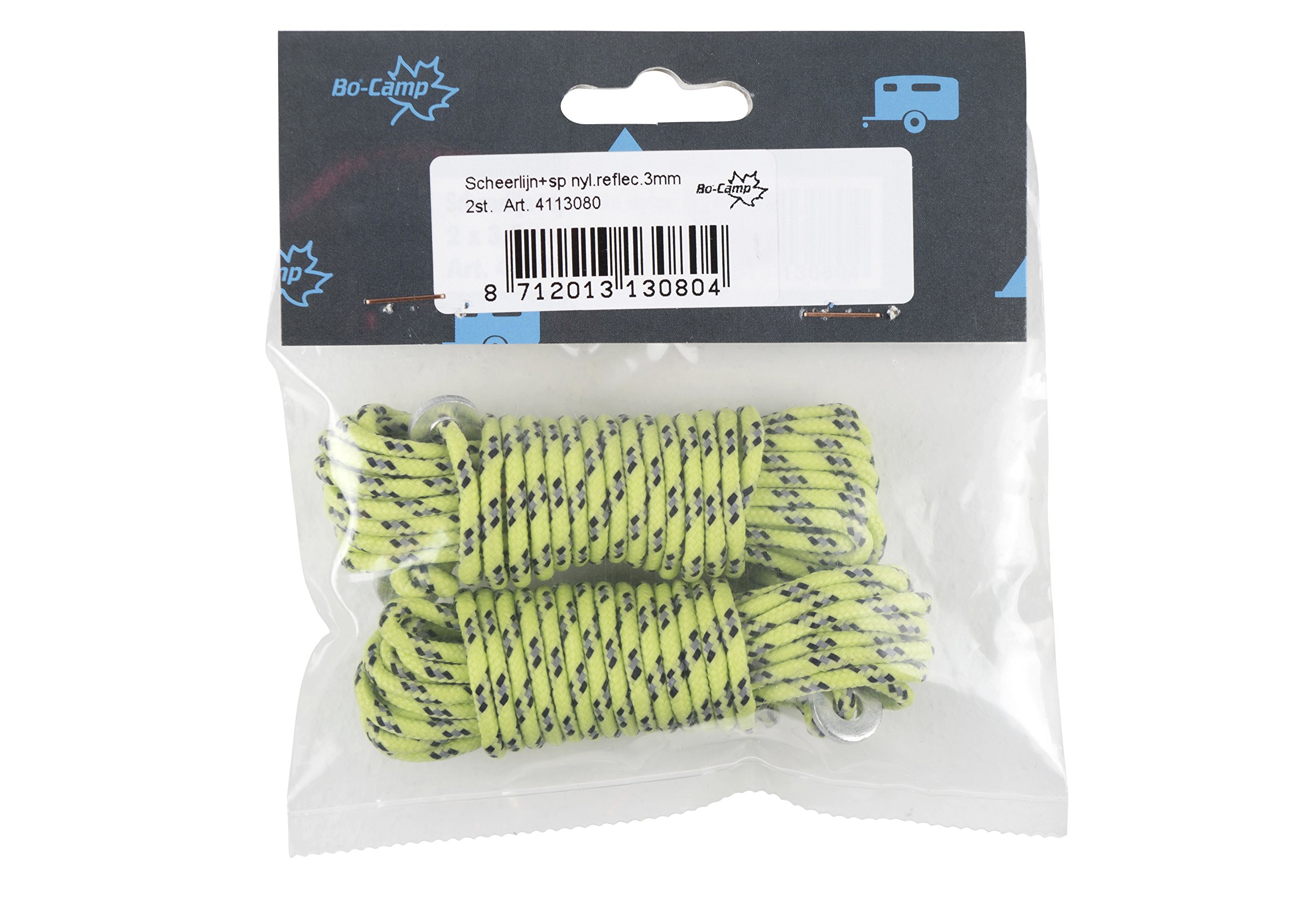 Bo-Camp Corda In Bobina 20 Metri Con Tenditori, Nylon Riflettente Fluorescente 3 Mm Per Tenda E Teloni