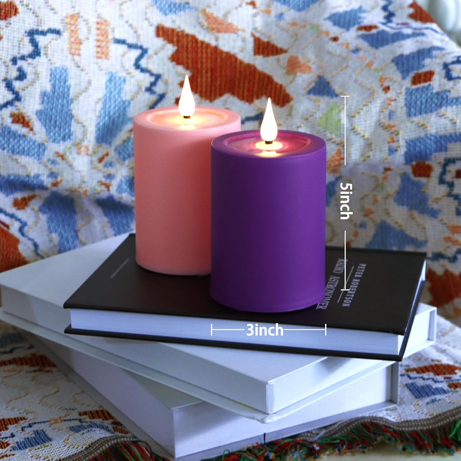 Yunsheng Flameless Advent Candles Purple and Pink, 5 Inch Battery Operated LED Pillar Candles With Remote Timer, 350+ Hours Long Lasting for Christmas Rituals and Wreath, Set of 4