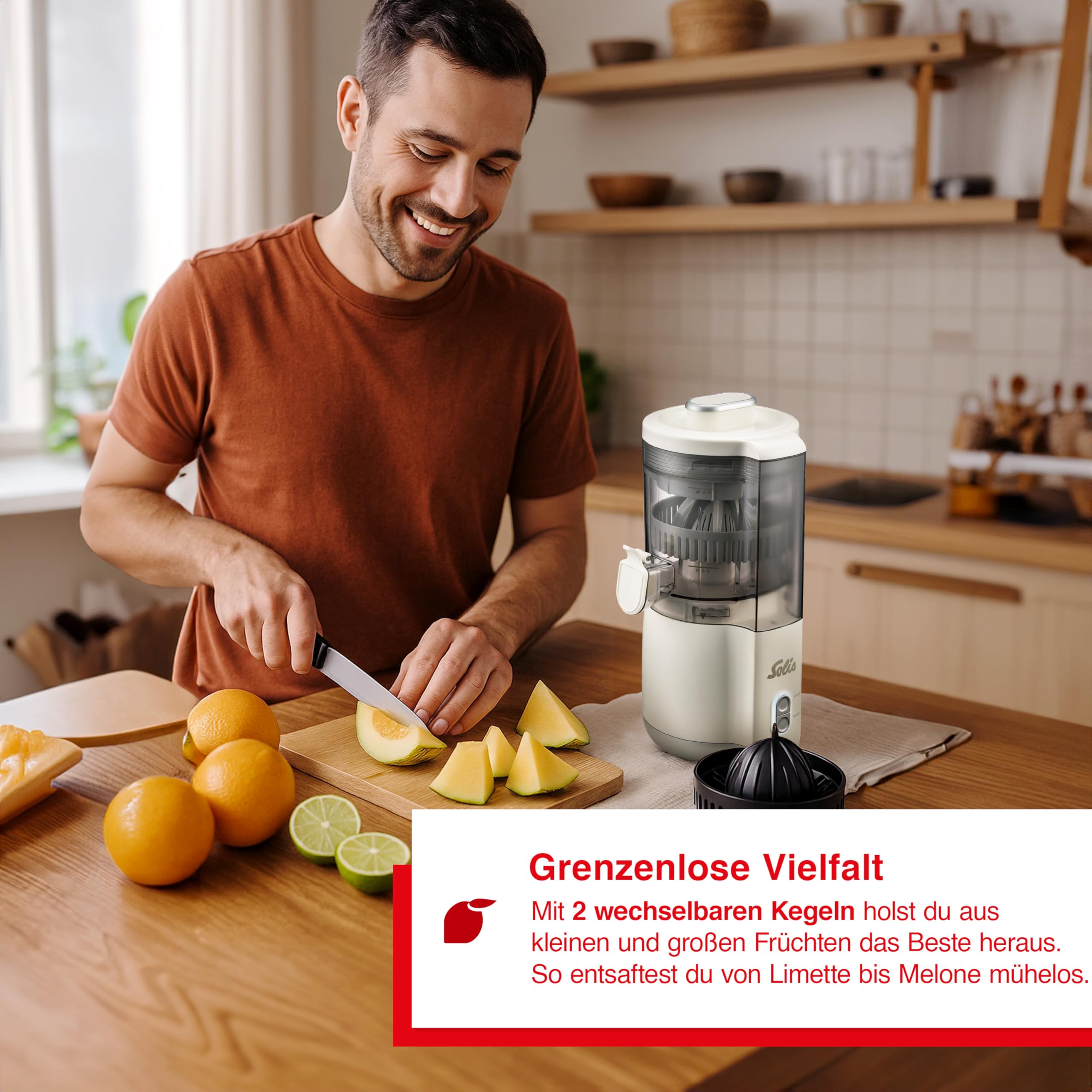 Solis Multi-Juicer – elektrischer Entsafter für Zitrusfrüchte, Äpfel & Melonen – automatische Saftpresse mit 2 Presskegeln – BPA-frei, spülmaschinengeeignet, kompakt – für frischen Vitamingenuss