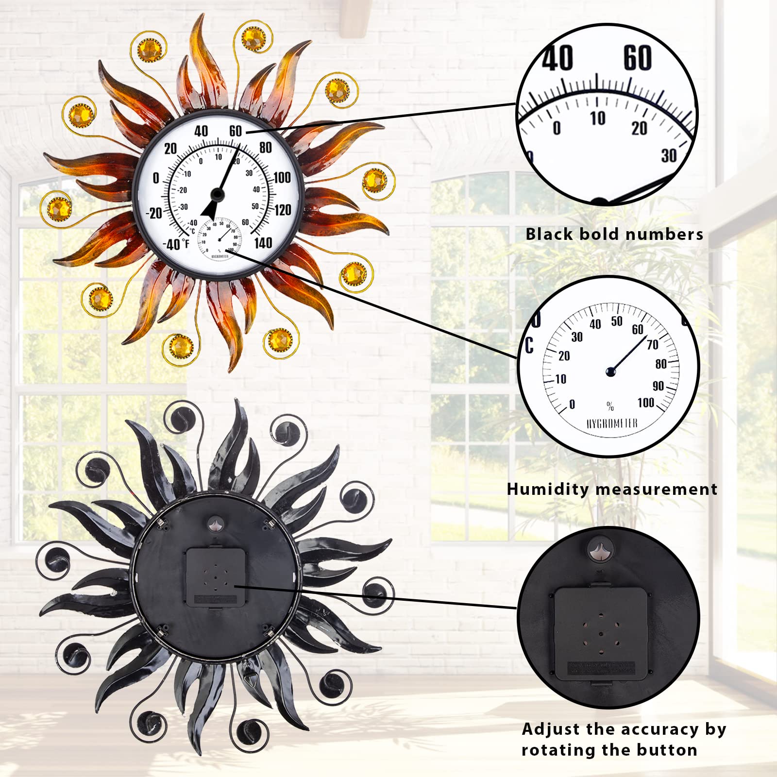Termómetro para interiores y exteriores de 13 pulgadas, termómetro solar montado en la pared con humedad, fácil de leer termómetro decorativo exterior para patio, jardín, no requiere baterías
