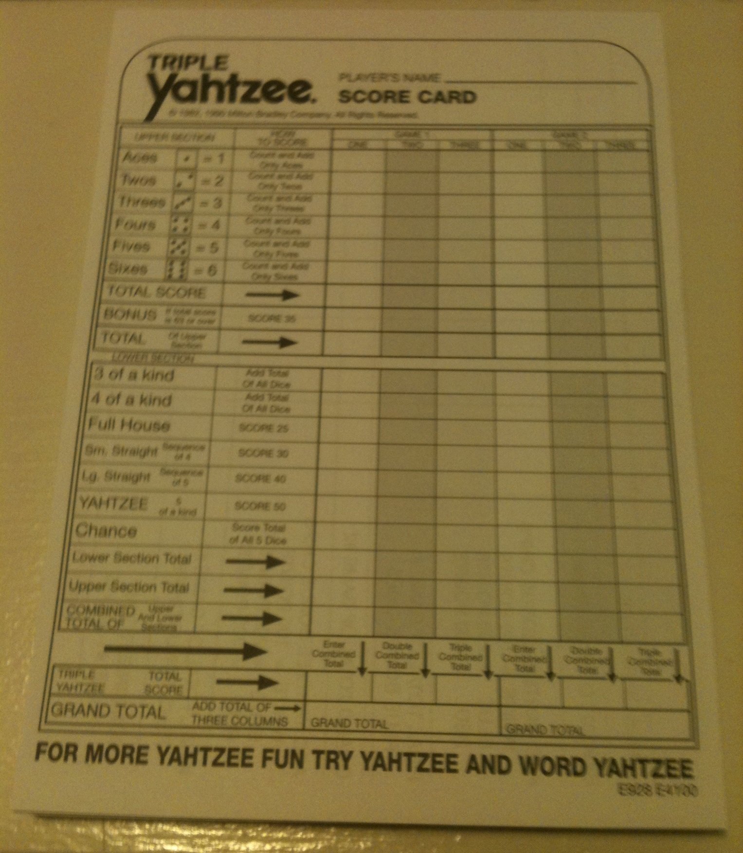Hasbro Triple Yahtzee Score Pads