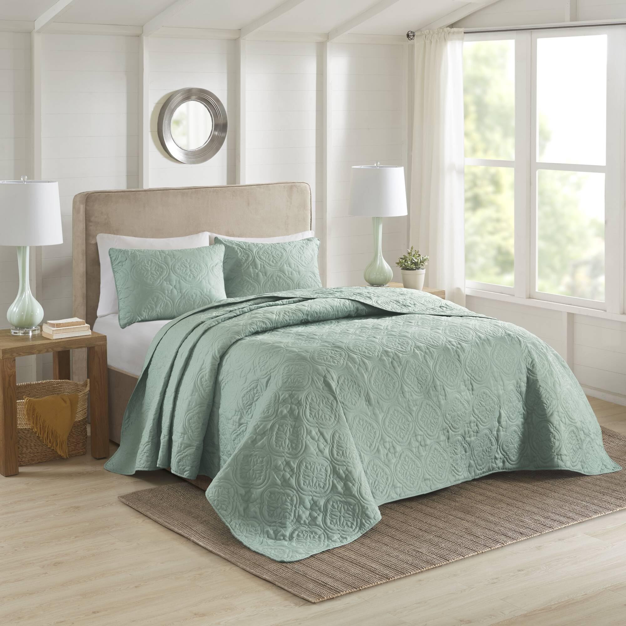 510 DESIGN Oakley Reversible Quilt Set - Luxe Stitching Design, All Season, Lightweight Coverlet Bedspread Bedding, Matching Shams, Medallion Seafoam Oversized Full/Queen(102"x118") 3 Piece