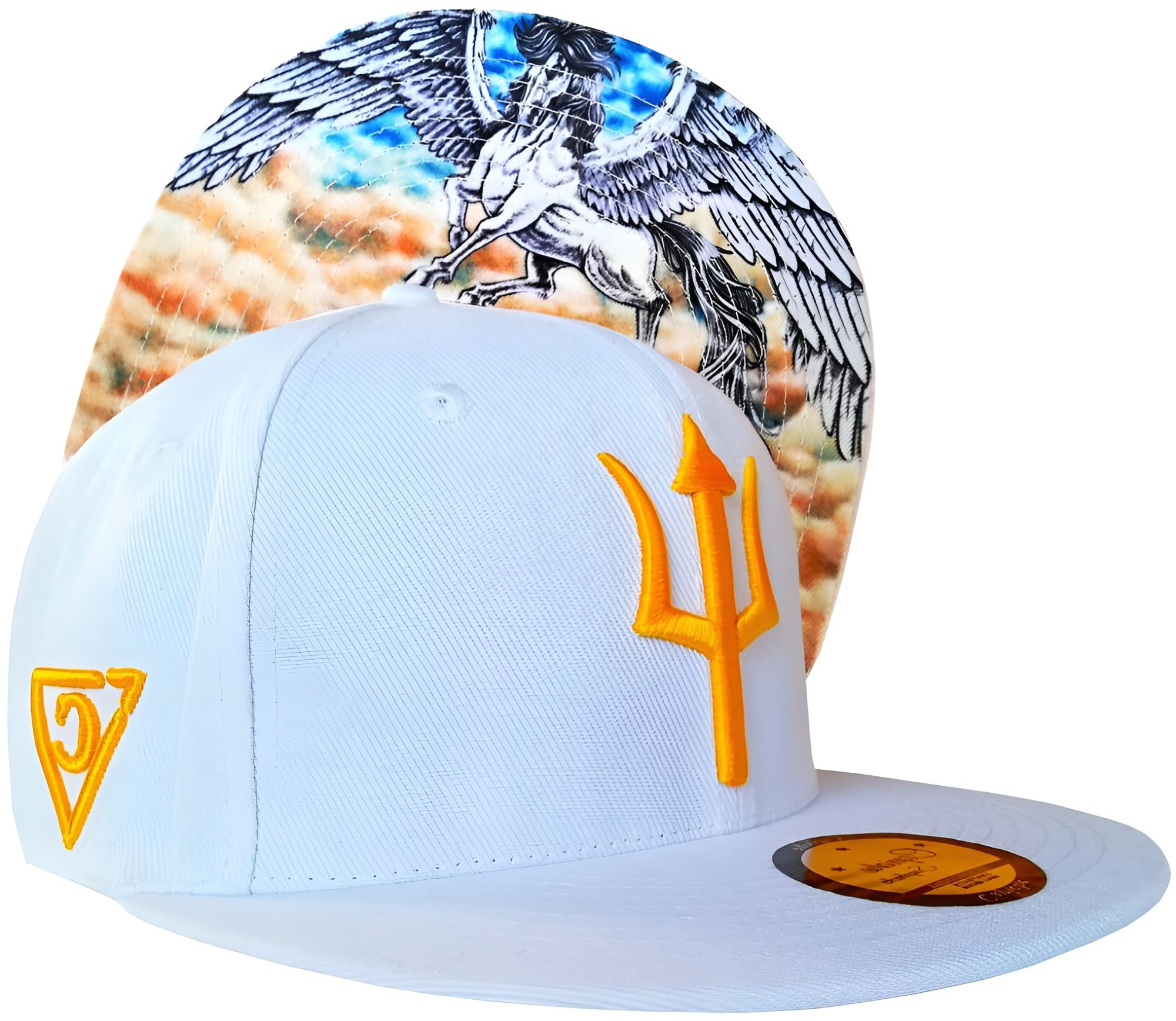 Capiche [99+ Variations] White Snapback Hat for Men, Pegasus, Horse Hat, Ancient Greek Mythical Wings, Gold and White, Mustang, Winged