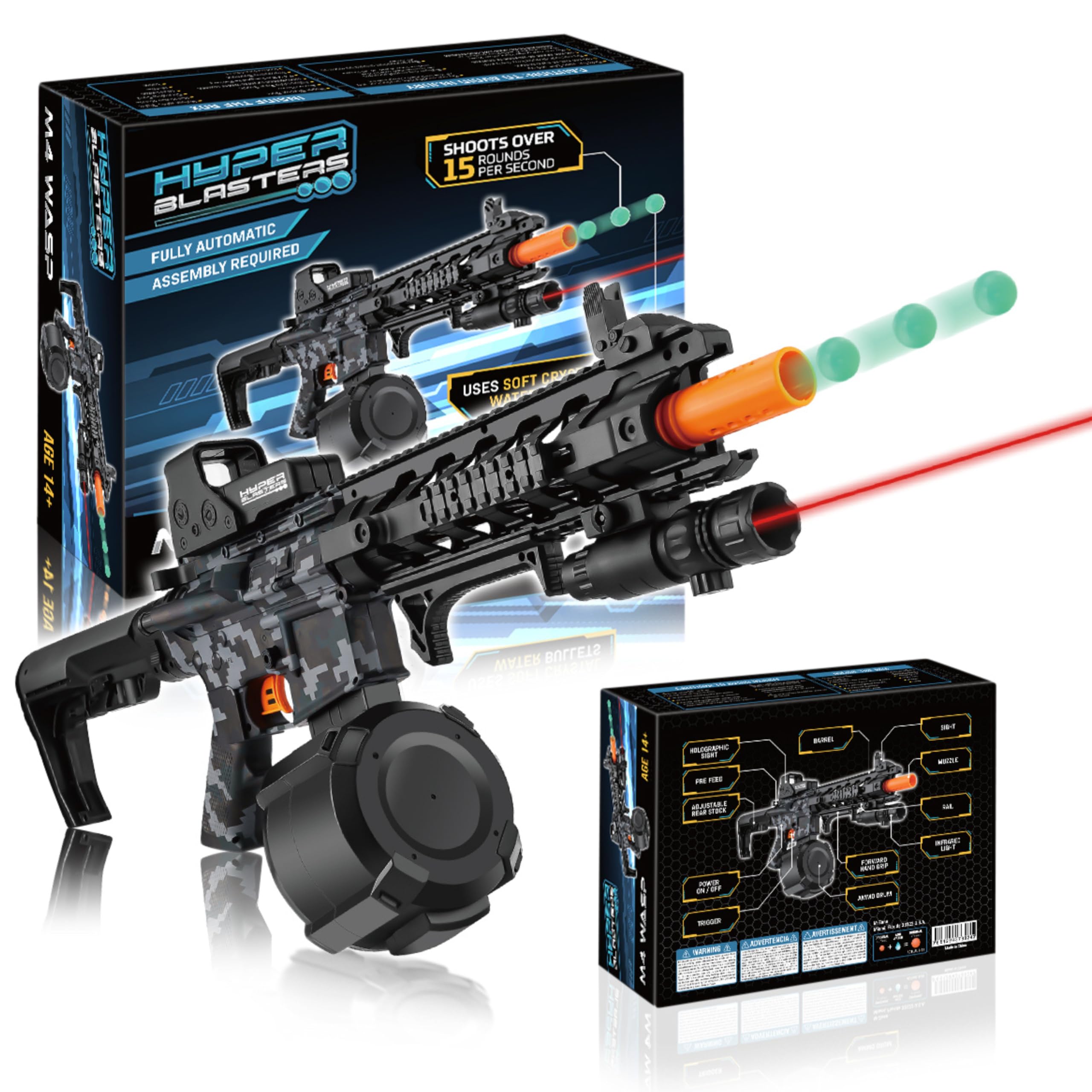 HyperBlasters M4 Wasp Gel Ball Blaster with 1000 Round Capacity Ammo Drum – Splatter Ball Blaster Includes 50,000 Planet Friendly No- Stain Beads- Fun and Exciting Electric Orby Blaster