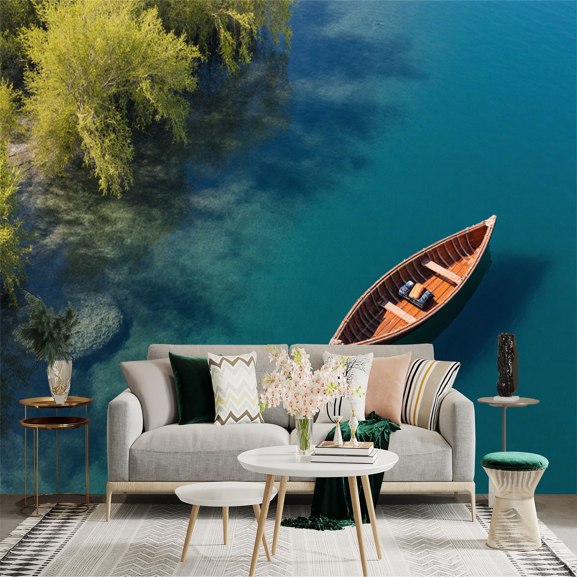 Lnzczhyre Xc260505638 Custom Size Wall Sticker Mural， Wooden Rowboat On Calm Turquoise Water， Peaceful Lake Scenery， Summer Nature Landscape， For Wall Decoration， Peelandstick Wall Decals.