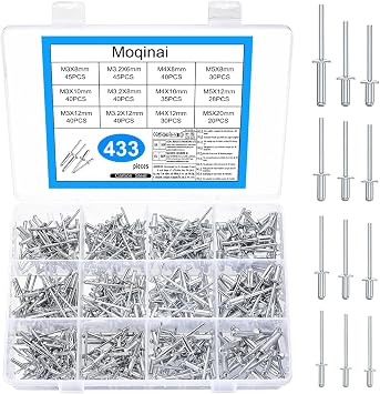 433 Pcs Aluminium Pop Rivet Set3/3,2/4/5 mm x 6/8/10/12/20 mm, Large Flange Blind Rivets Assortment Kit, Aluminium Rivets with Steel Mandrel for Rivet Gun, Metal, Wood, Furniture, Marine