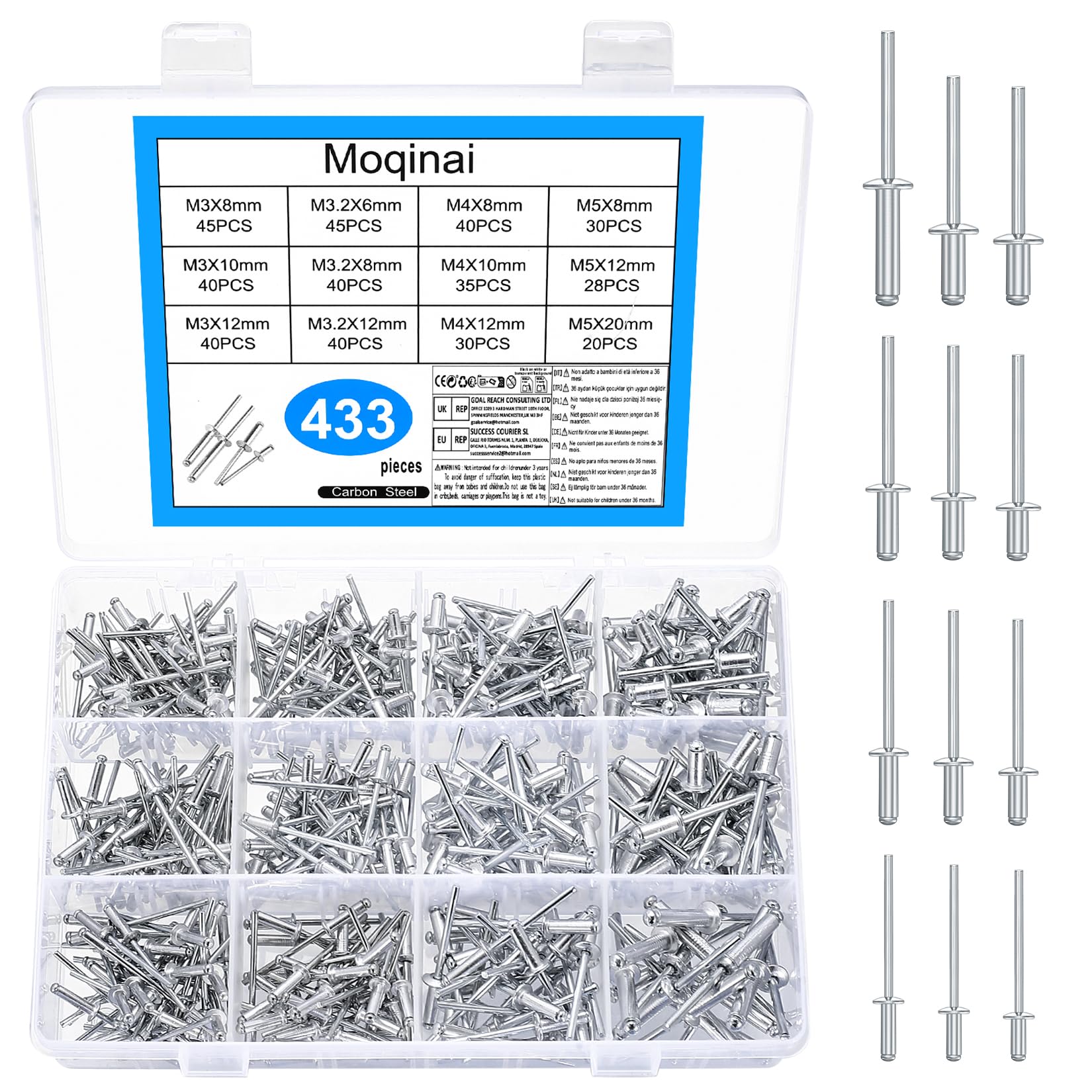 433 Pcs Aluminium Pop Rivet Set(3/3,2/4/5 mm) x (6/8/10/12/20 mm), Large Flange Blind Rivets Assortment Kit, Aluminium Rivets with Steel Mandrel for Rivet Gun, Metal, Wood, Furniture, Marine