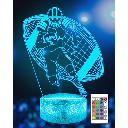 Attivolife football player night light for kids, 3d rugby illusion led lamp, 16 colors changing with remote control & touch, best room decor birthday gifts for outsports lover boys teens child