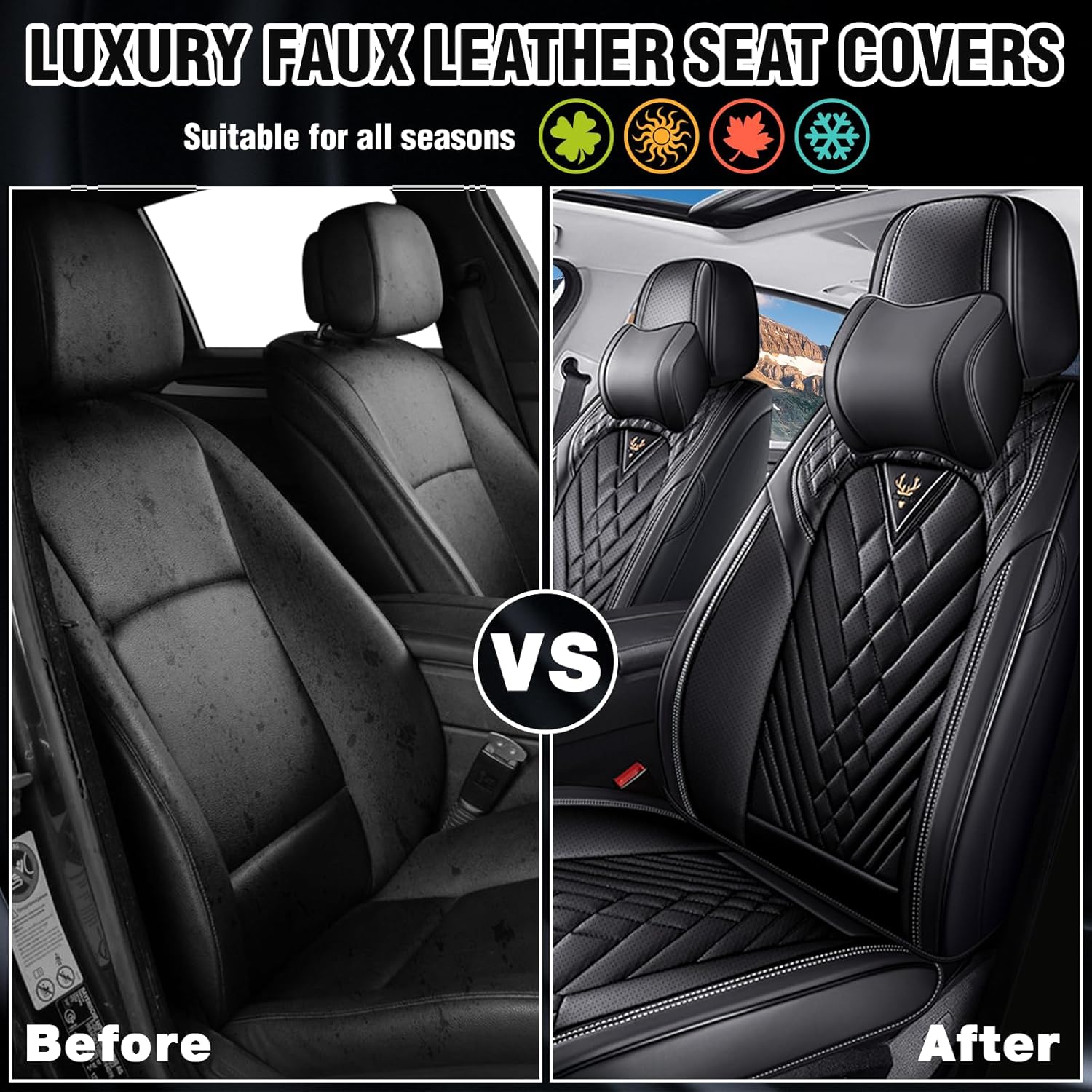 Car Seat Covers for Jeep Compass 2007-2025, Waterproof Nappa Leather Car Seat Protector, Comfortable and Anti-Slip Car Seat Cover&Accessories(2 Seats with Headrests/Black)