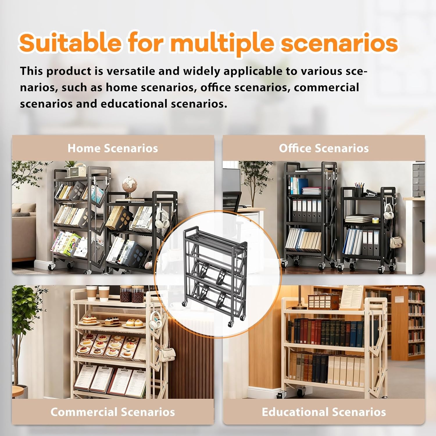 Rolling Book Cart with Wheels, Large Capacity Movable Bookshelf Organizer Rack, Multi-Layer Storage Rack, Carbon Steel Multi-Layer Library Cart for Teacher Classroom Office Home