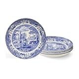 Blue Italian Pasta Bowl, Set of 4-9 Inch Shallow Earthenware Serving Bowls with Oriental Border Design - Asian Style Tableware for Salad, Pasta, Noodles, Shared Side Dishes