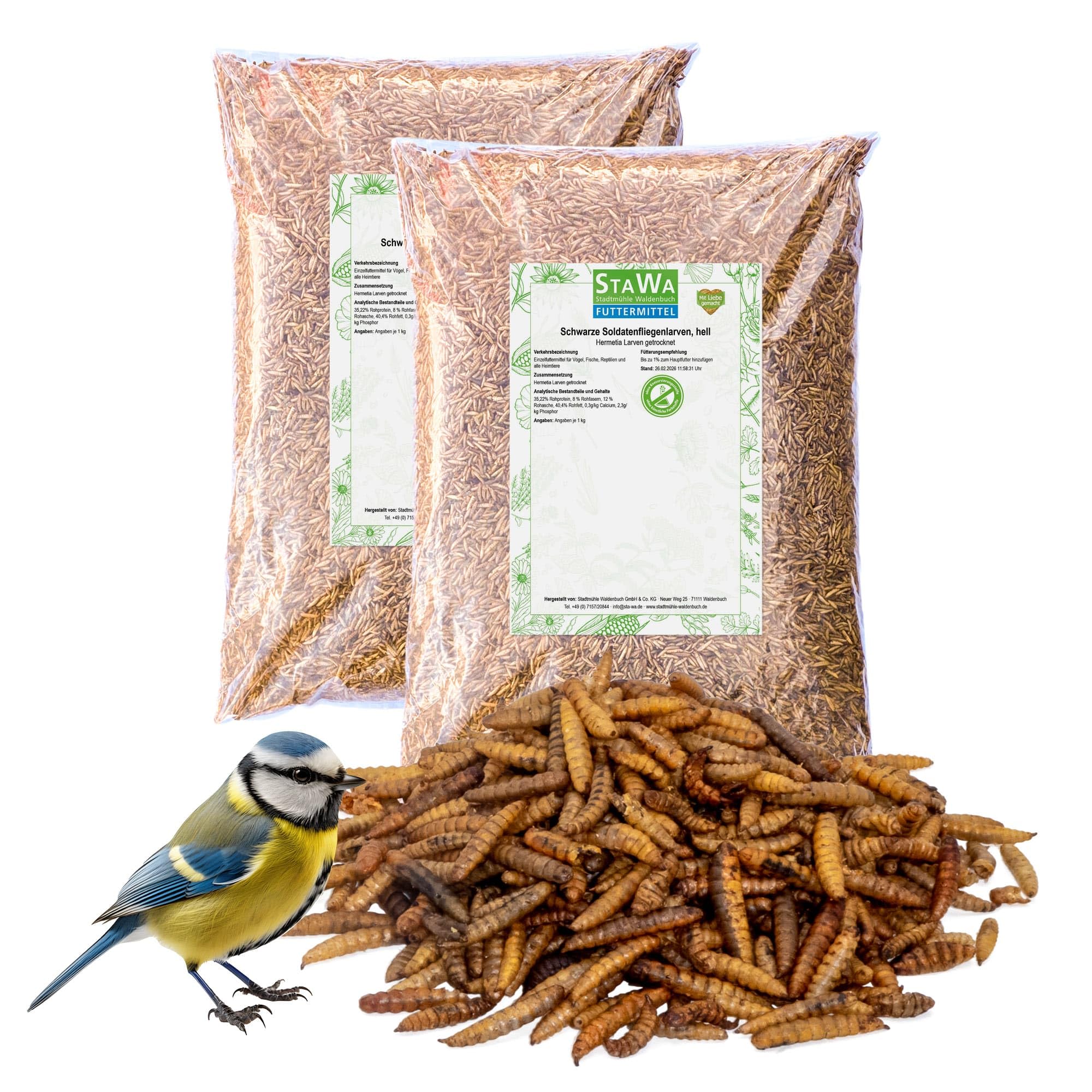 Schwarze Soldatenfliegenlarven, hell - Hermetia Larven getrocknet, 10 kg