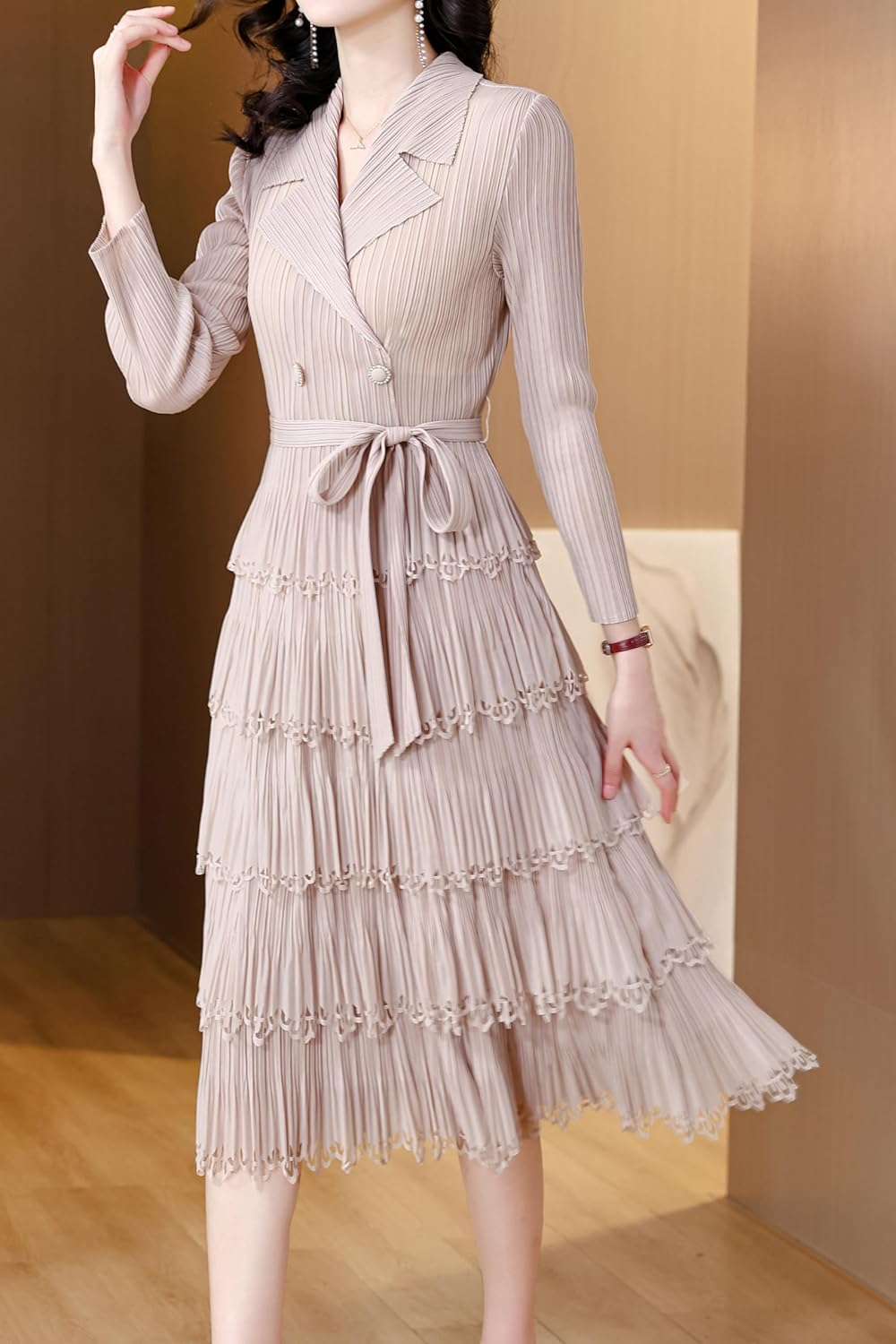 LAI MENG FIVE CATS Women's Pleated V-Neck Stretchy Layered Hem Midi Dress with Belt