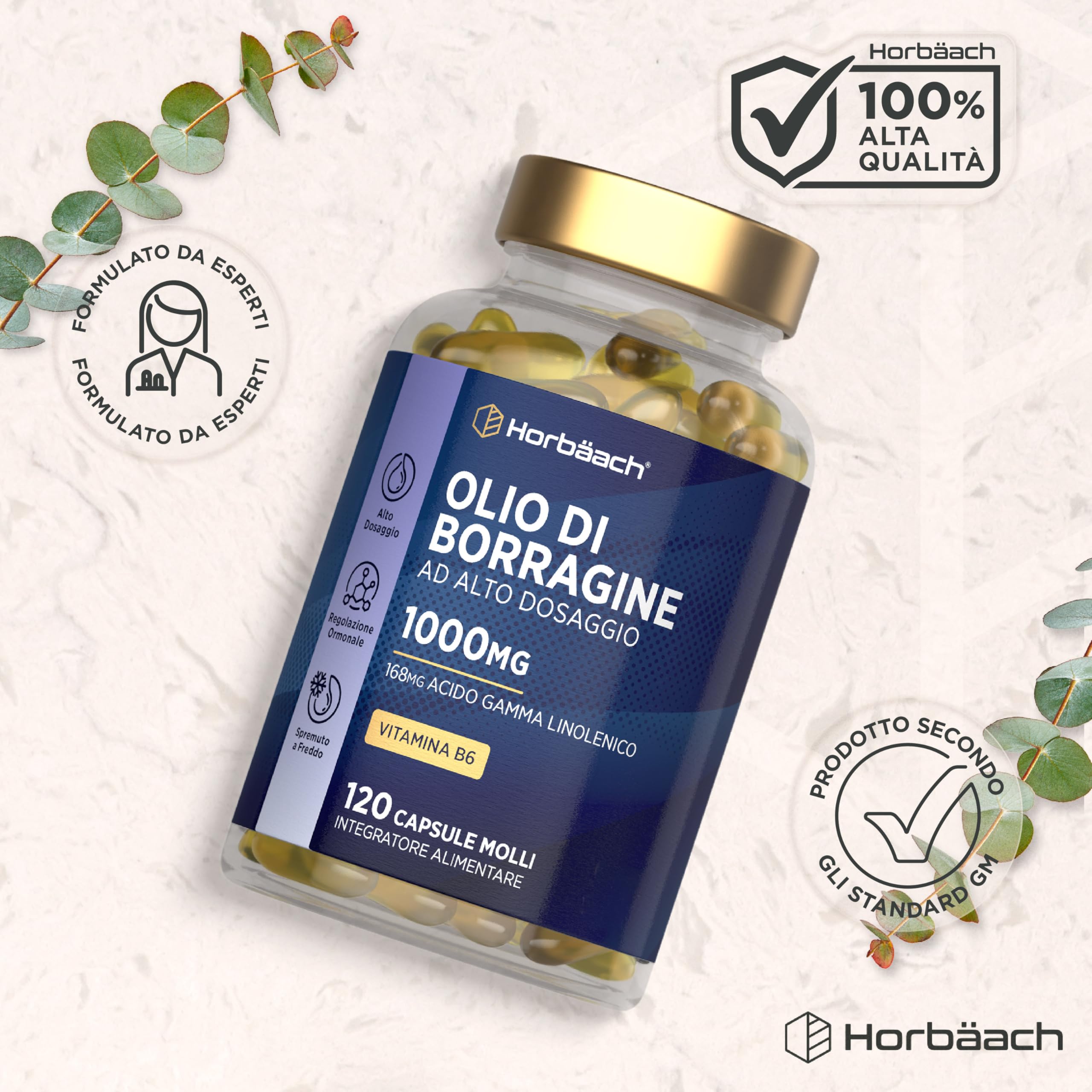 Olio di Borragine 1000mg | 120 Perle per 4 Mesi | Olio di Semi di Borragine e Vitamina B6 | 168mg di Acido Gamma Linoleico GLA per Capsula | Integratore Alimentare Starflower Oil Vitamin B6 | Horbaach