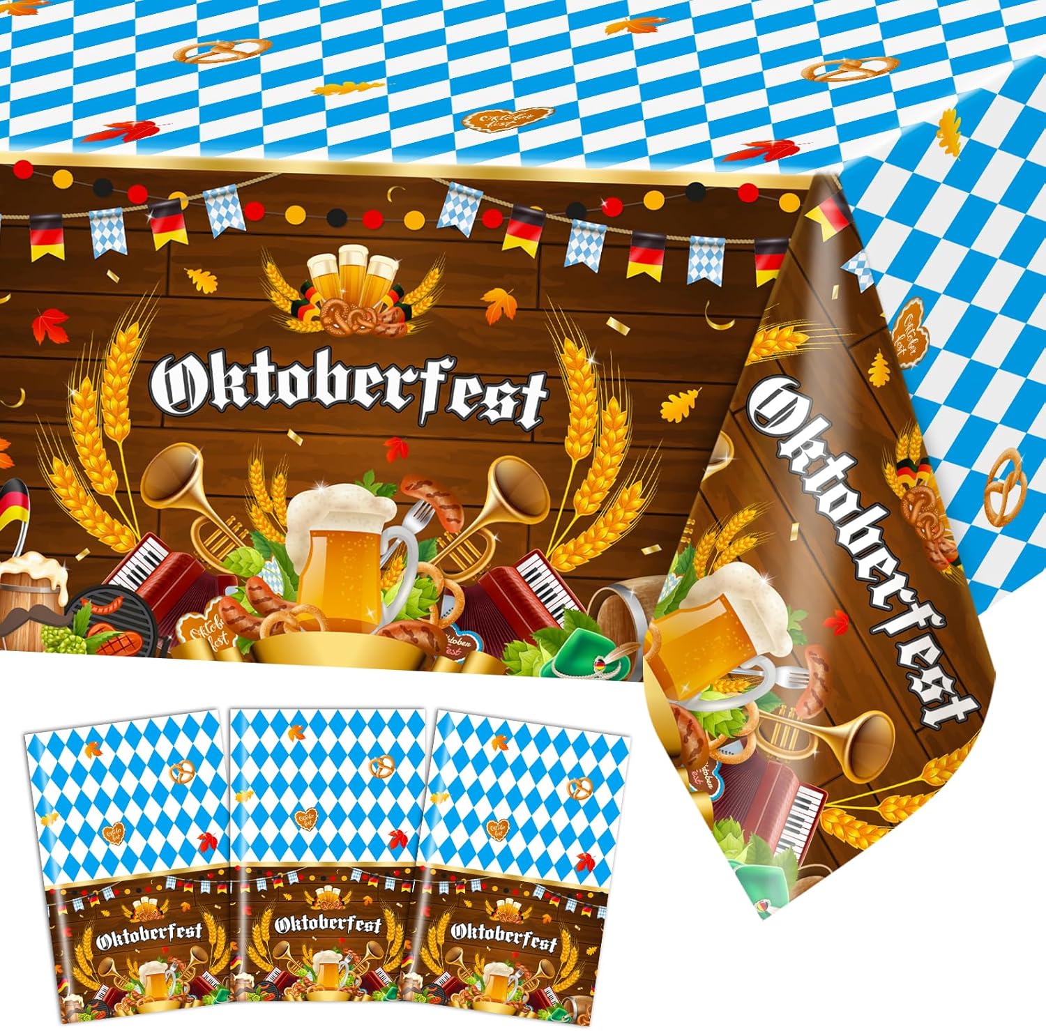 Avezano 3 pcs Oktoberfest Tablecloth Plastic Disposable 108x54 inch Oktoberfest Decorations Party Blue and White Checkered German Beer Festival Tablecovers Rectangle