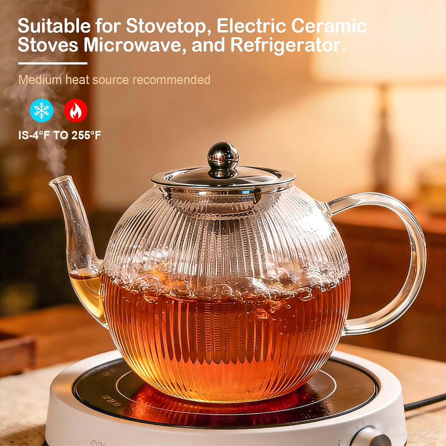 50OZ/1500ml Ribbed Borosilicate Glass Teapot with Removable Stainless Steel Infuser & Lid, Stovetop Safe Vertical Striped Clear Tea Kettle for Loose Leaf & Blooming Tea