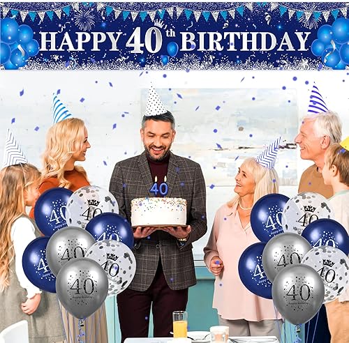 Miniatura 34 de Decoraciones azules de cumpleaños número 10 para niños y niñas, pancarta y globos de feliz cumpleaños número 10 azul marino y plateado