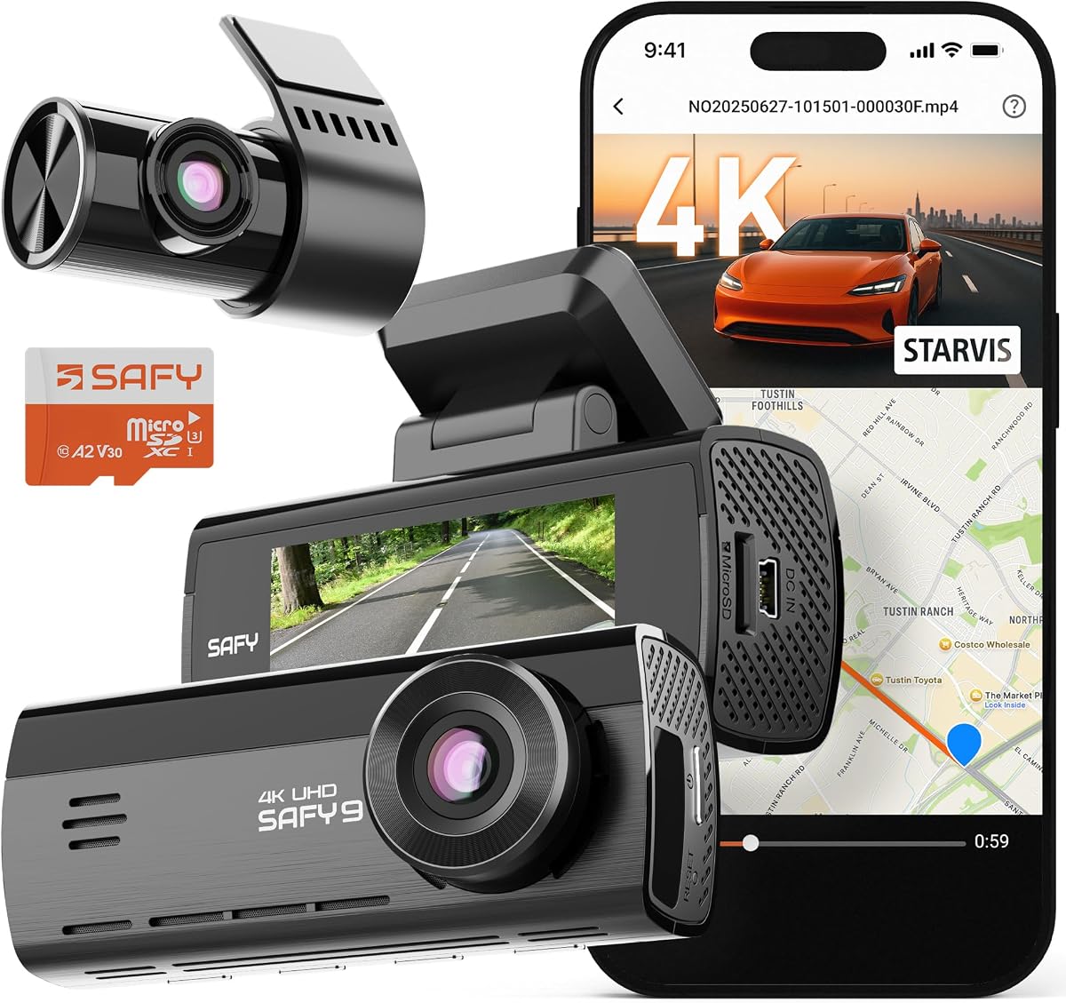 BlackVue SAFY 9, cámara de salpicadero 4K+1080P delantera y trasera, STARVIS, tarjeta de 64 GB gratis | HDR, visión nocturna AI, modo de estacionamiento 24 horas, Wi-Fi, GPS, pantalla LCD, control de aplicaciones, conectividad en la nube