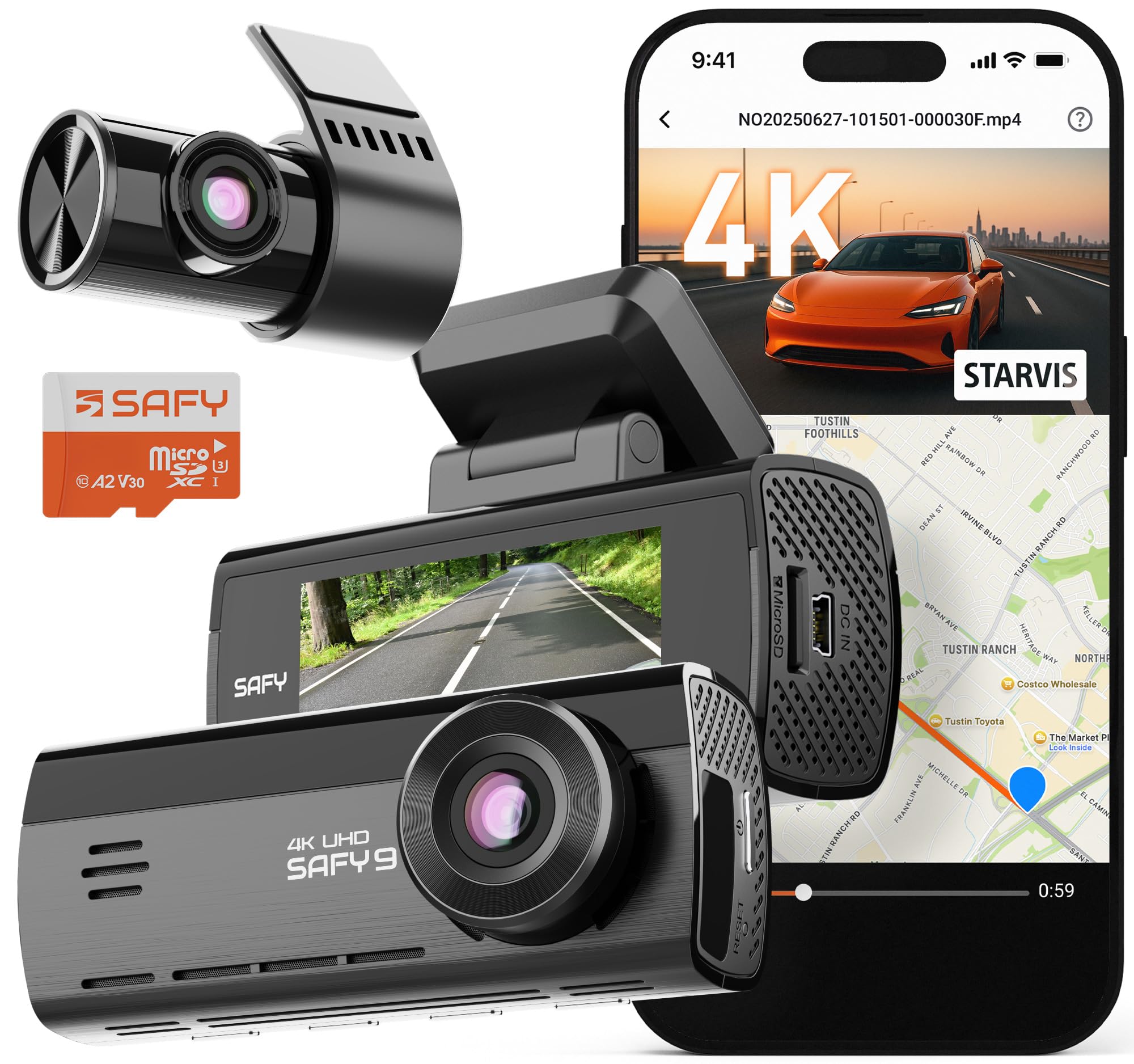 BlackVue SAFY9 2CH 64GB Dashcam - 4K 1080P Dash Cam Front and Rear HDR Front AI Night Vision