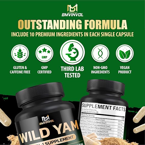 BMVINVOL Wild Yam Supplement | Red Clover, Black Cohosh, Evening Primrose, Berberine, Myo-Inositol - [ 90 Capsules]