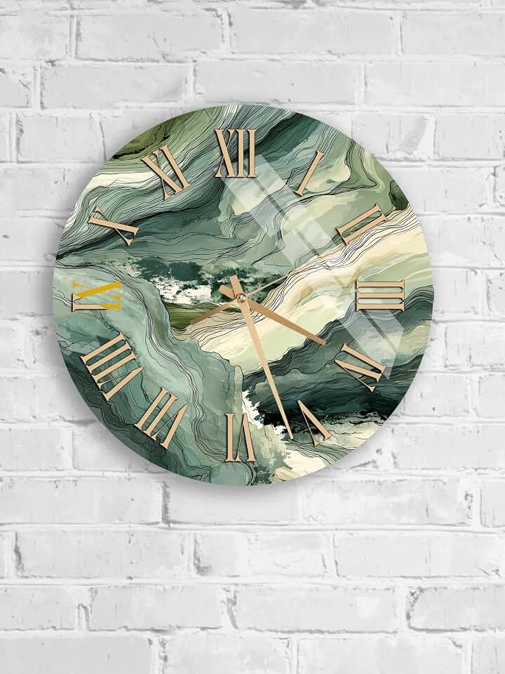 Abstract Tempered Glass Wall Clock, Green Artistic Design, Modern Home Decor, Silent Quartz Clock, Unique Timepiece, Housewarming Gift