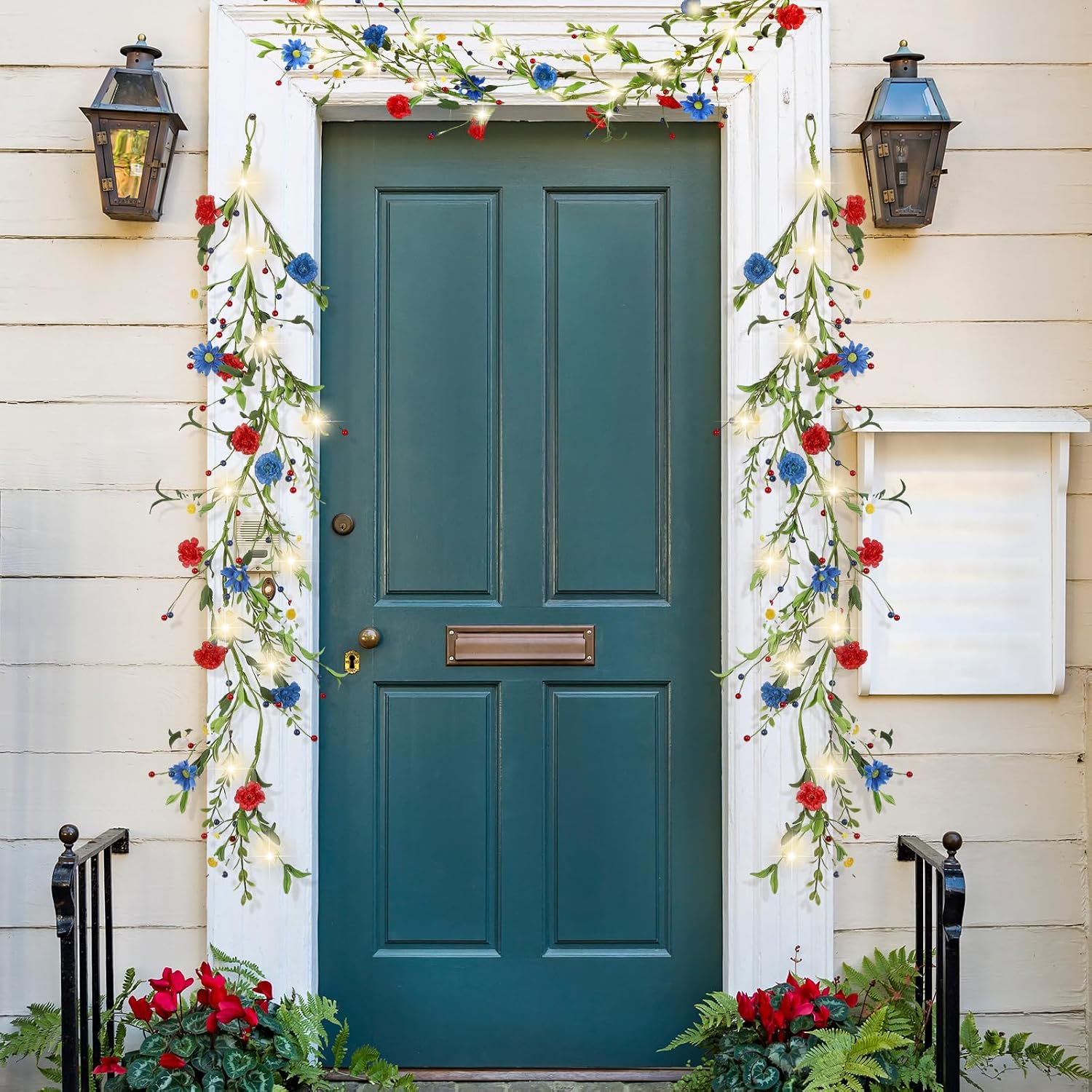 4th of July Garland Flower with 30 Lights Patriotic Red White and Blue Floral Berry Branches Patriotic Ornament for Independence Day 250th Anniversary Door