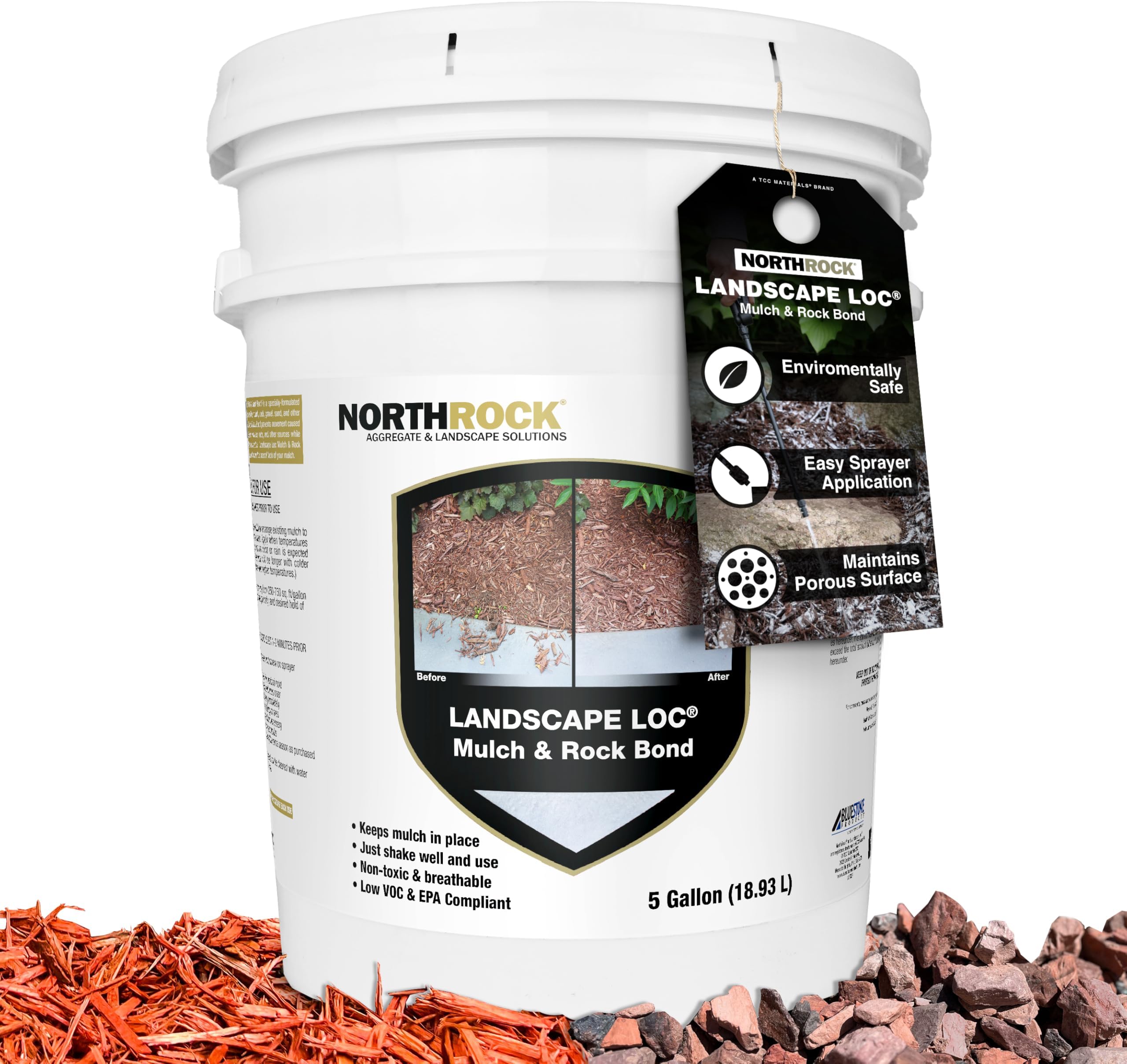 Mulch & Rock Bond - Binder for Mulch, Rock, Bark, & Pea Gravel, Safe for Plants & Pets, Strong Stabilizing Glue (5 Gallon)