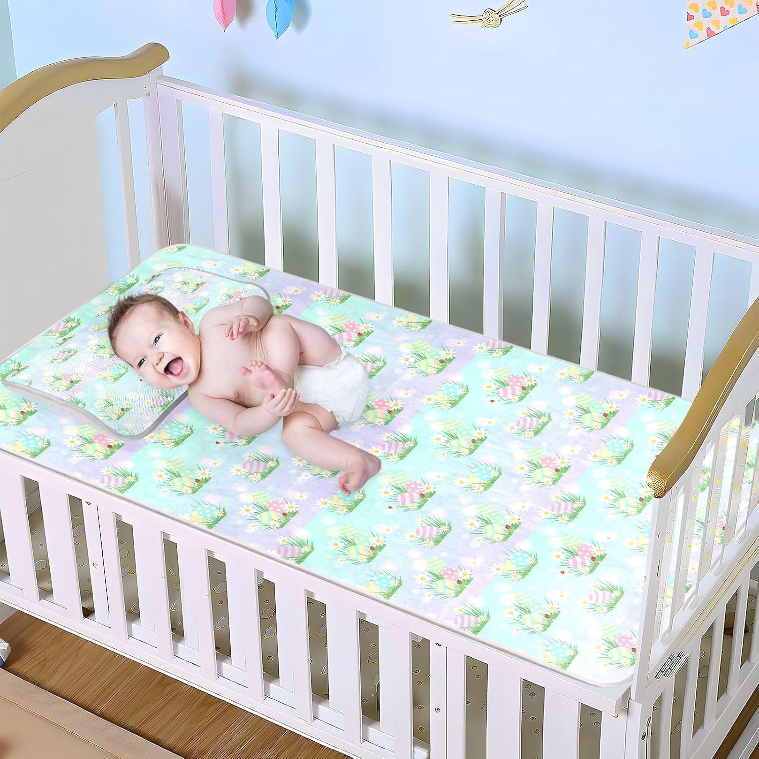 Baby Cooling Mat Easter Eggs Ice Silk Breathable Mesh Summer Crib Mattress Pad with Pillowcase, Soft Cooling Sleeping Surface for Infant & Toddler, 52"x28"