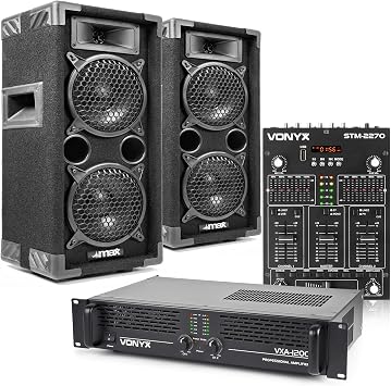 MAX26 Dual 6" Passive DJ Setup   Complete 1200W PA Speaker & Amp System with Mixer, Cables, Bluetooth & MP3 for Bedroom and Home DJ Setups, Starter Kit for DJs, Parties, Karaoke and Events