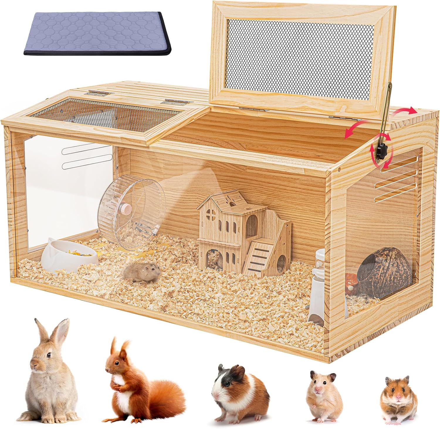 Hamster Cage 32" Wooden Chewproof, 270° View Large Habitat with Bite-Proof Metal Mesh & Top Dual Access Doors, Acrylic Sheets & Solid Build for Dwarf Syrian Hamsters/Gerbils/Guinea Pigs/Chinchillas 32" L x 16" W x 16" H