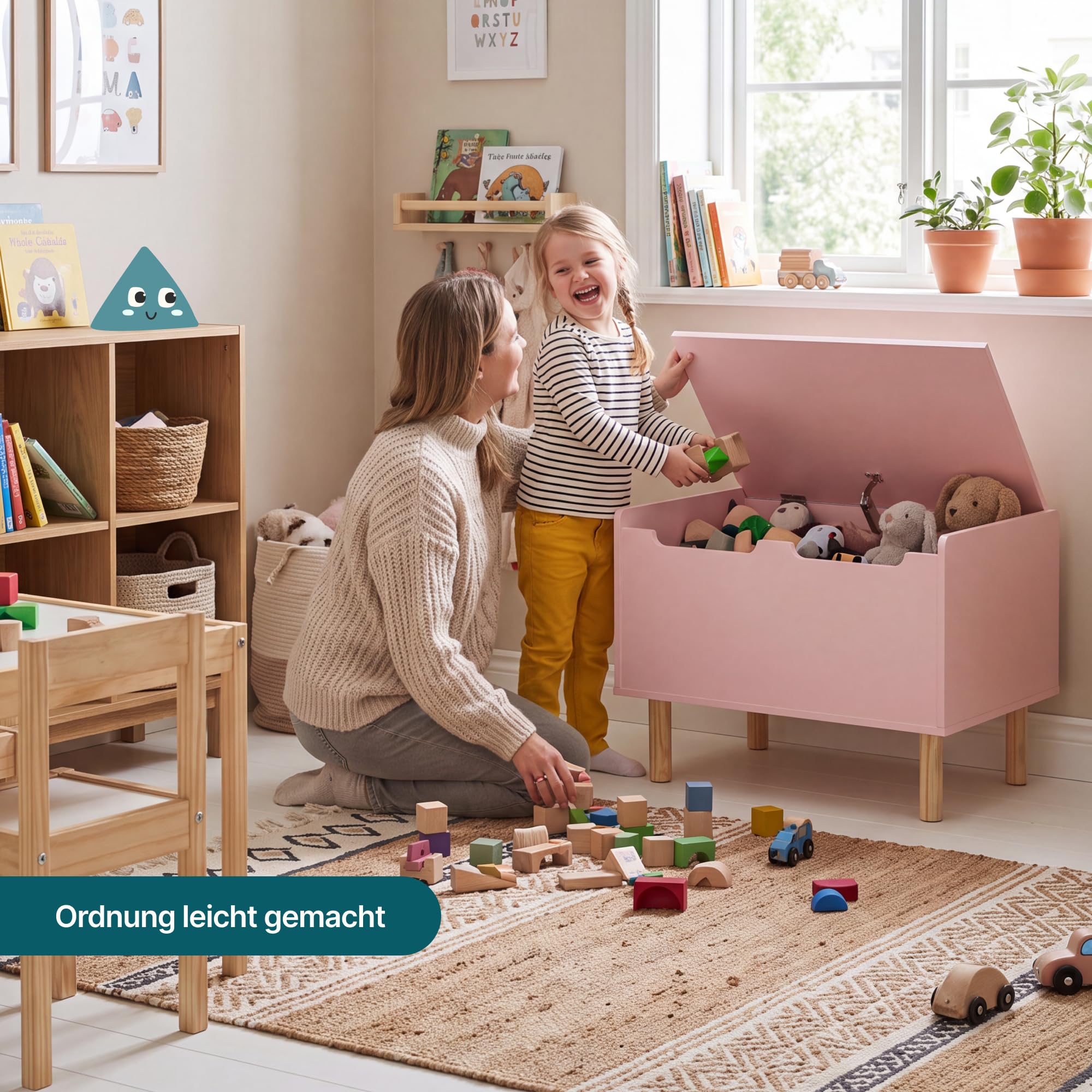[en.casa] Spielzeugkiste mit Deckel Virer Kuscheltier Aufbewahrung Kinderzimmer Truhe Spielzeugbox 60 x 40 x 45 cm Aufbewahrungsbox Holzbeine Rosa