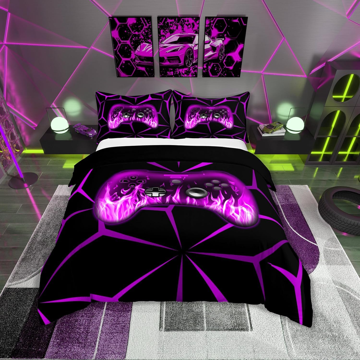 Homemissing Kids Boys Gamer Duvet Cover,3D Gaming Bedding Set Single Size,Teens Boys Bedroom Room Decor,Purple and Black Video Game Comforter Cover,Gaming Bedspread Cover