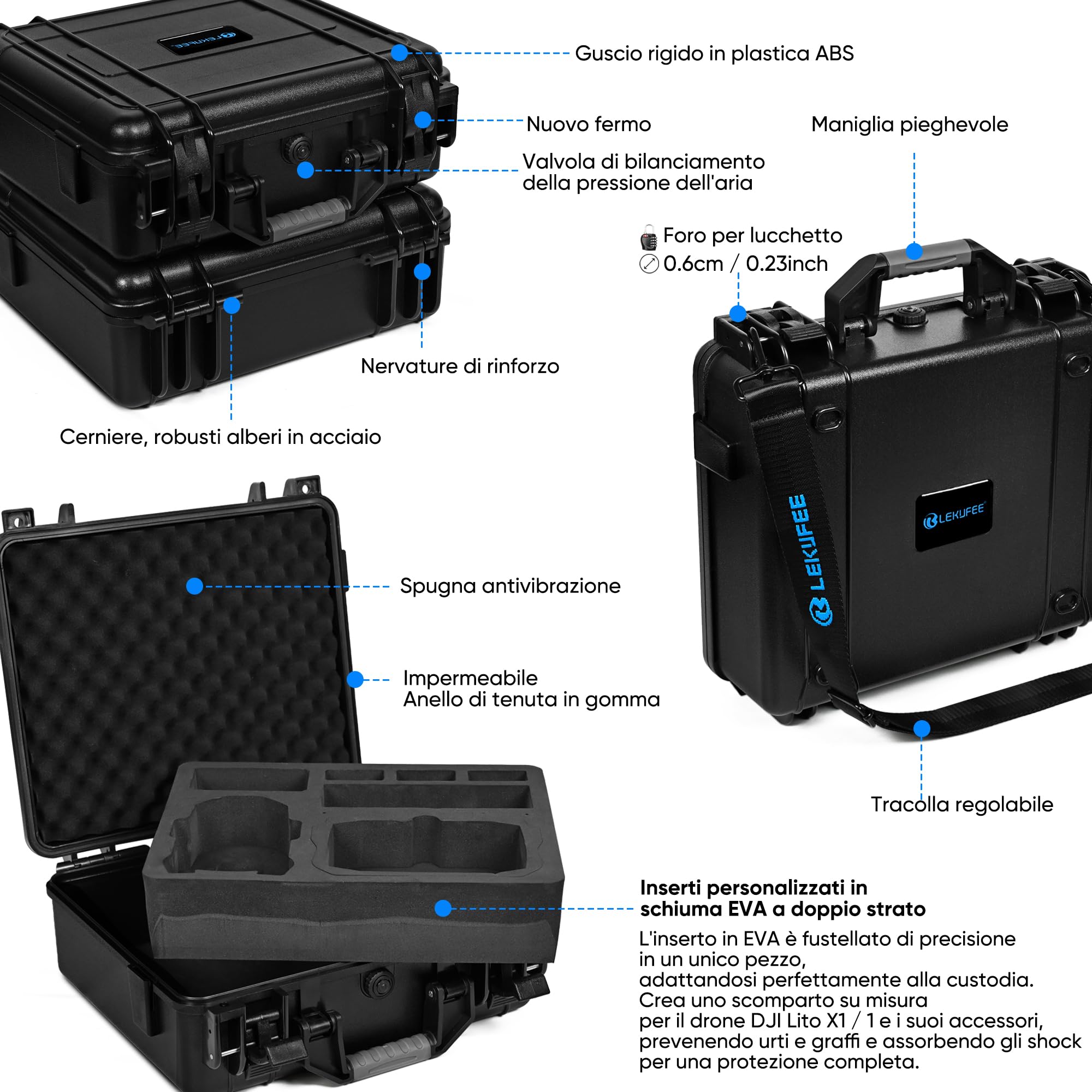 LEKUFEE Valigia Rigida Impermeabile per DJI Lito X1, Lito 1 Drone, Combo Fly More, DJI RC 2/RC N3, batterie (6 pezzi), hub di ricarica e altri accessori (Solo custodia)