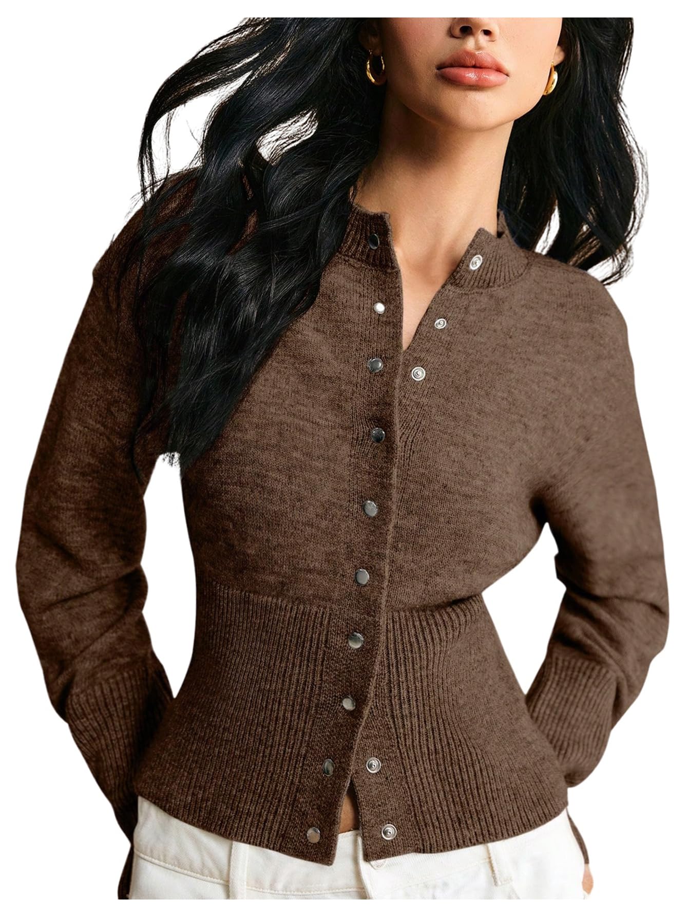 GORGLITTER Womens Button Up Cinched Waist Cropped Cardigan Sweater 2025 Fall Long Sleeve Slim Trendy Knitwear Tops