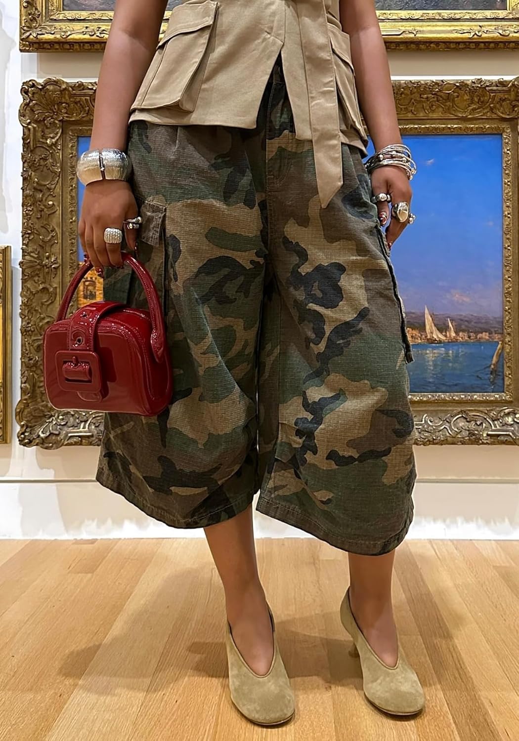 Women's Camo Cargo Jeans Baggy Camouflage Wide Leg High Waist Bermuda Trousers Capris Army Fatigue Pants - Image 3