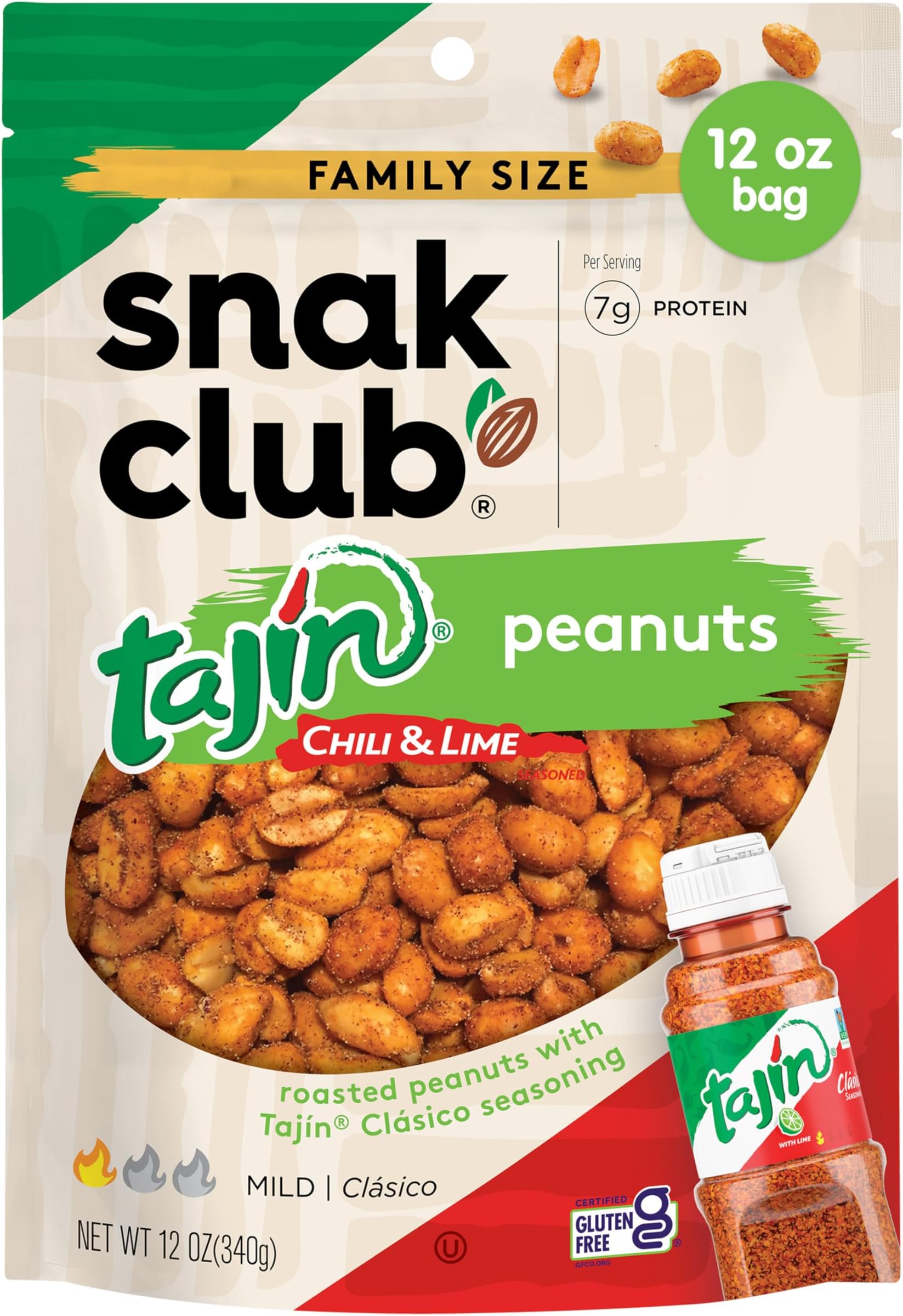Snak Club Tajin Peanuts, Roasted Nuts with Chili and Lime Seasoning, Mild, 12 oz Resealable Bag