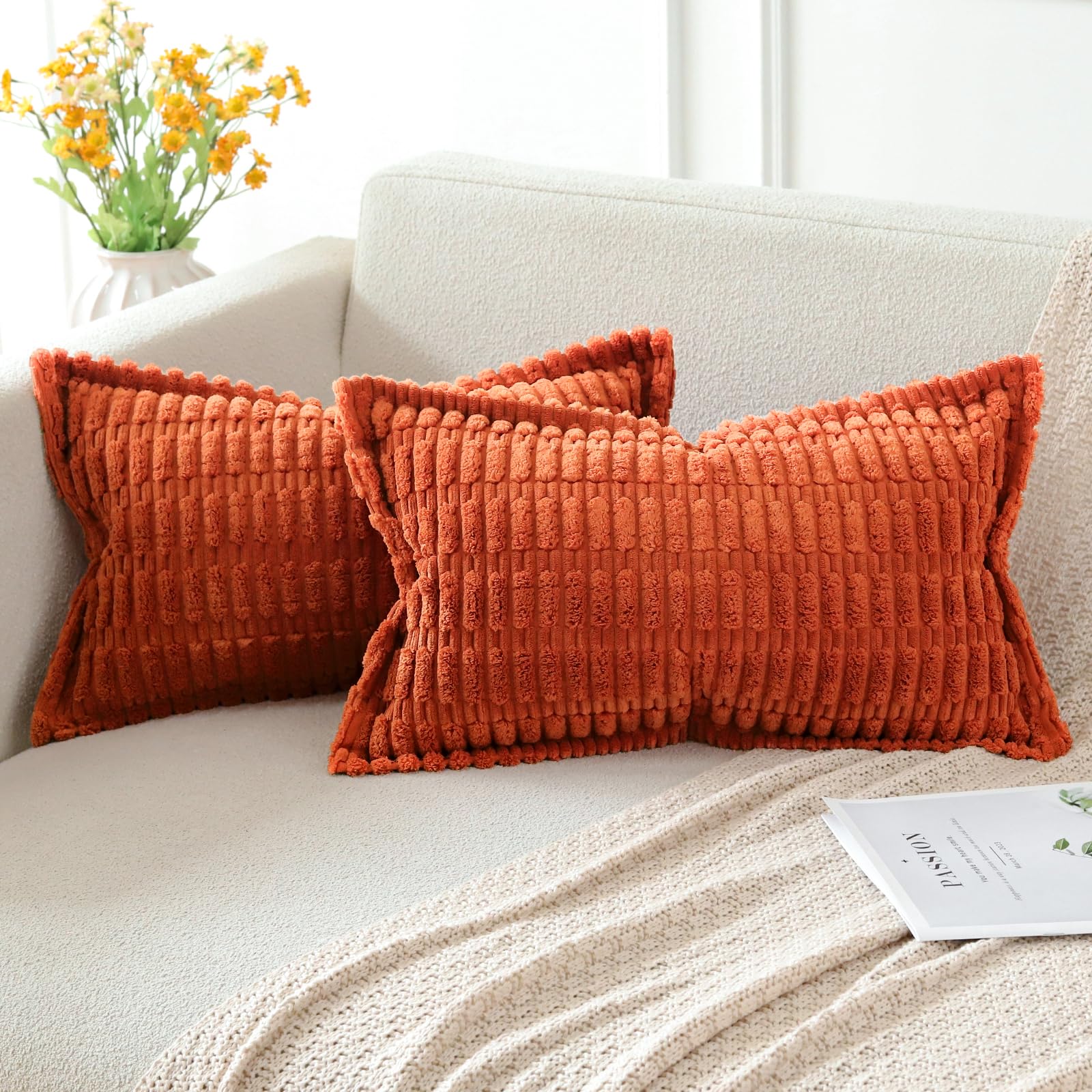 Artscope Orange Cushion Covers Set of 2 Corduroy Decorative Square Striped Pillowcase with Stitched Edge Pillow Covers 30x50cm for Home Decor Sofa Bedroom Car