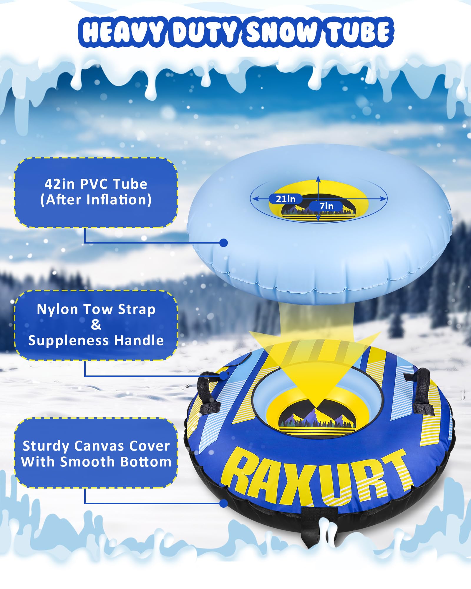 Raxurt Heavy Duty Snow Tube with Premium Canvas Cover, Inflatable Snow Sled for Kids and Adults, Thickened Bottom with Towable Pull Ring, Sledding Winter Outdoor Fun Toys for Children Boys Girls
