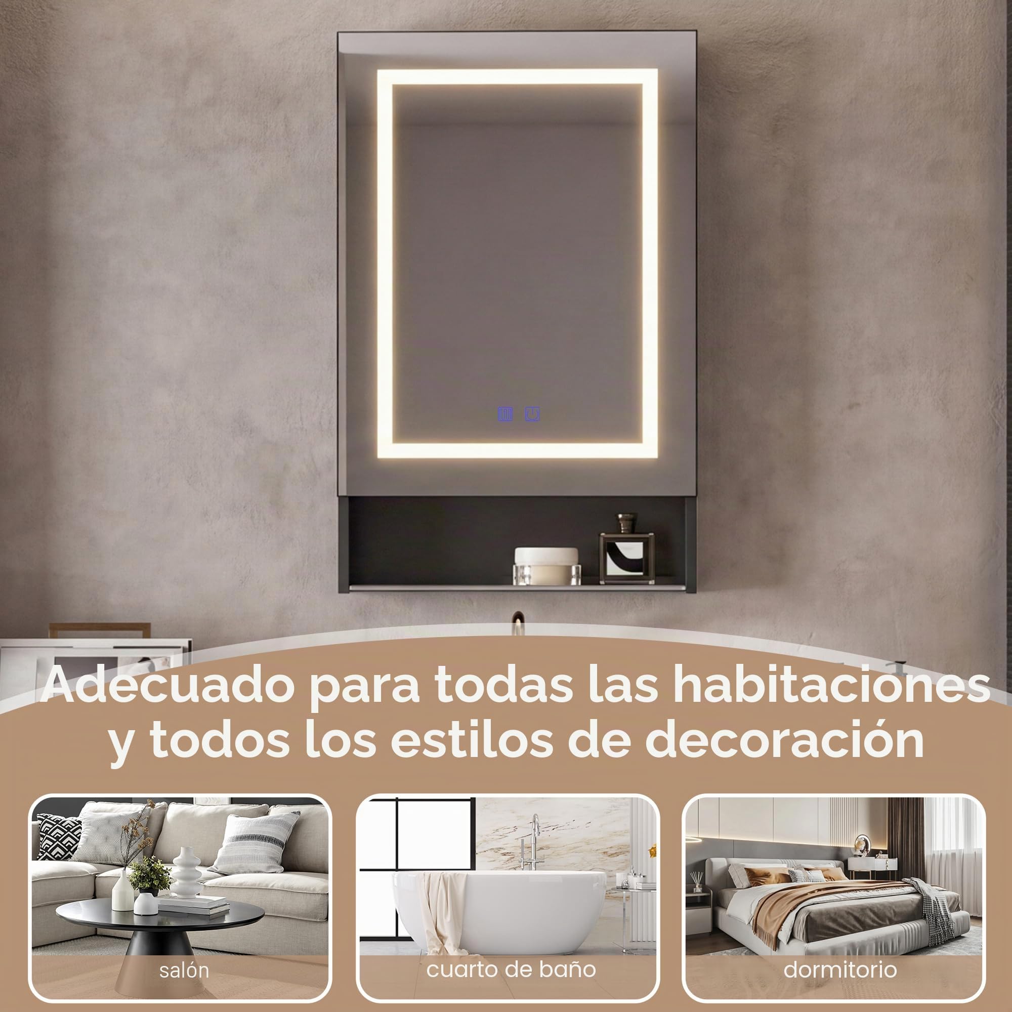 Armario espejo de baño con iluminación LED, armario de baño con 3 colores de luz, espejo de baño con almacenamiento y 1 puerta, mueble espejo con estante 88 x 15 x 50 cm (puerta individual, negro)