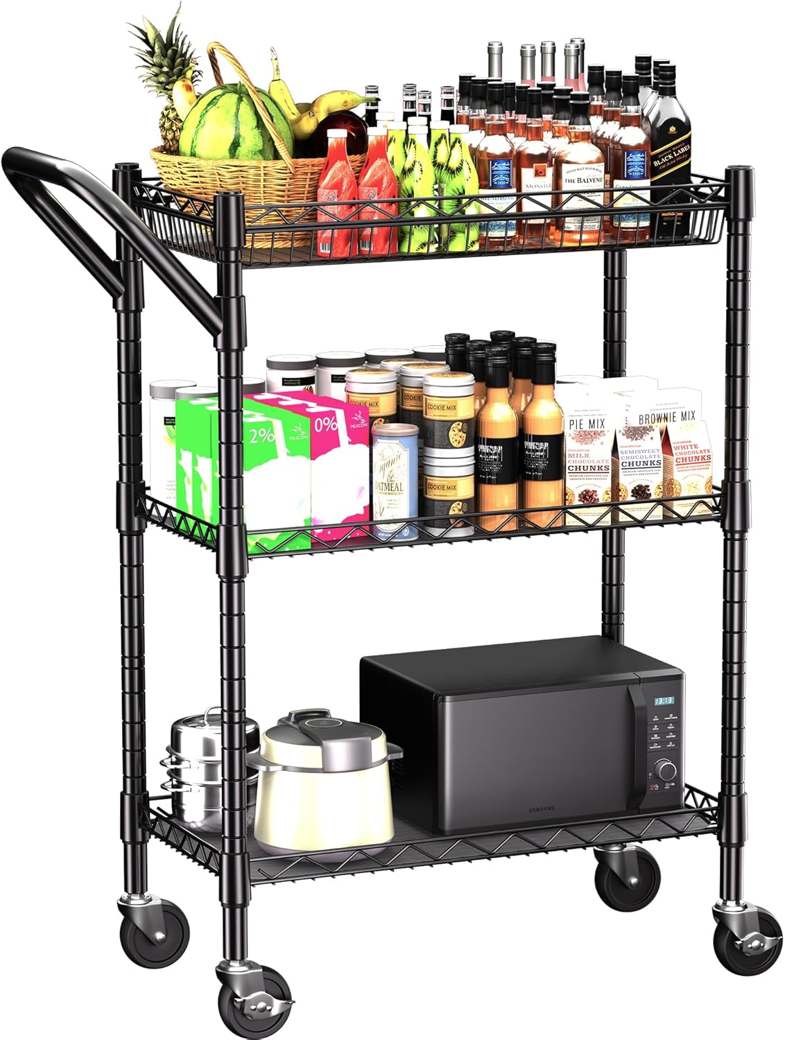 3 Tier Heavy Duty Rolling Utility Cart,18″ D x 23.8″ W x 36.6″ H Rolling Carts with Wheels,Commercial Grade Metal with Handle Bar & Shelf Liner,Trolley Serving Storage Cart for Kitchen Black 3 Tier Heavy Duty Rolling Utility Cart,18″ D x 23.8″ W x 36.6″ H Rolling Carts with Wheels,Commercial Grade Metal with Handle Bar & Shelf Liner,Trolley Serving Storage Cart for Kitchen Black