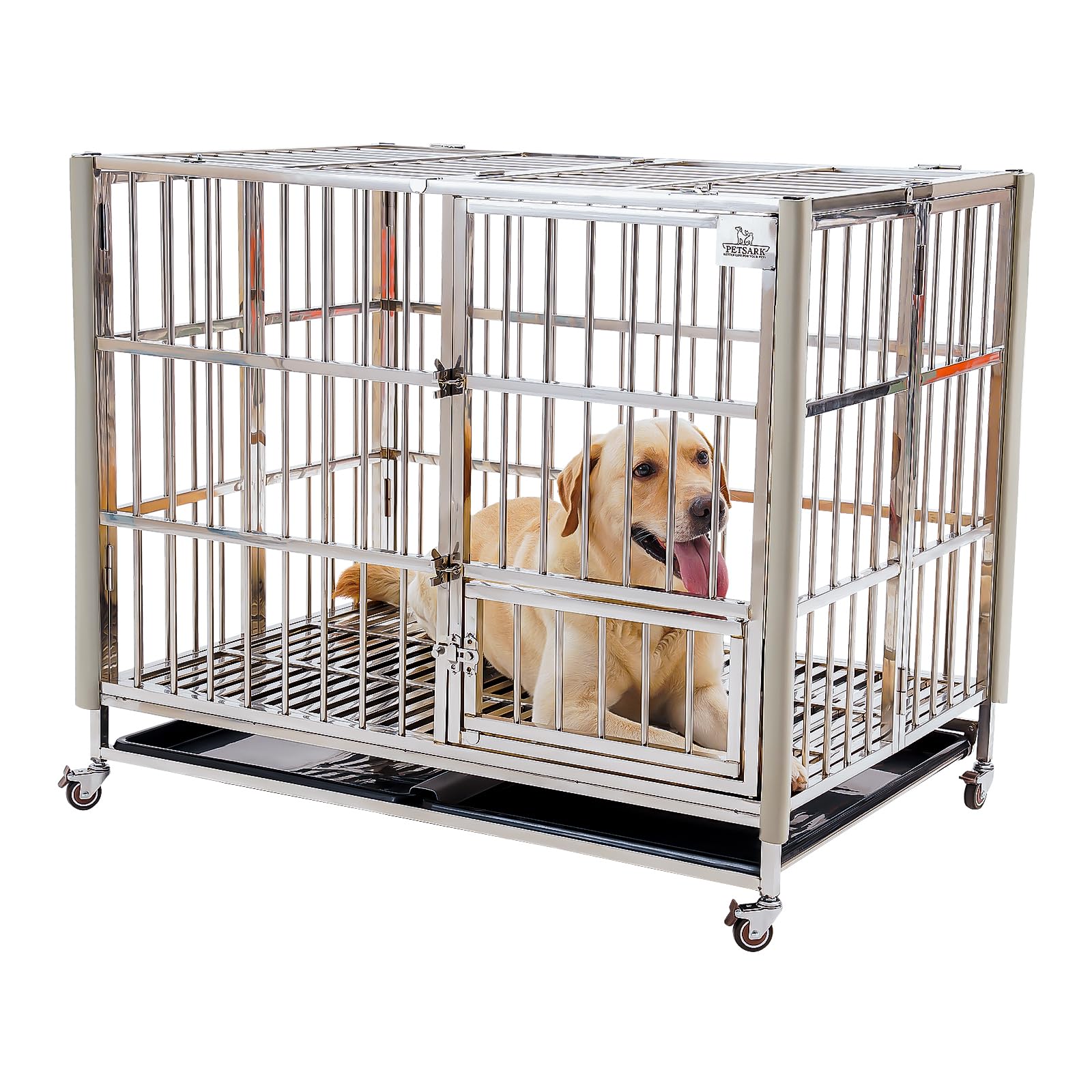 Heavy Duty Indestructible Dog Crate Kennel 42 Inch Collapsible Dog Kennel Furniture Dog Indoor High Anxiety Dog Crate Large Breed Medium Indoor Stainless Steel Escape Proof Dog Crate