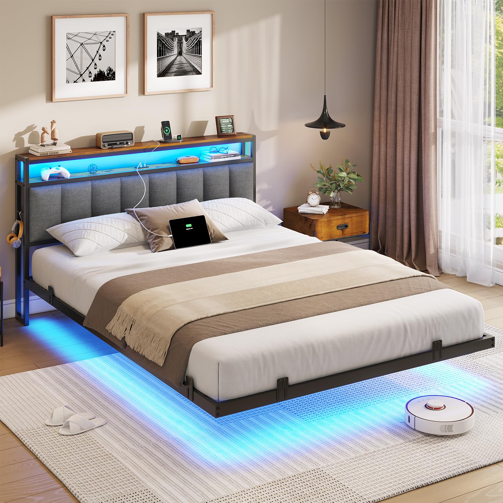 Lit Canapé 140x200 Cm Avec LED RGB, Multiprise Et Rangements - Convertible Jour/nuit, Idéal Studio Ou Chambre D'appoint