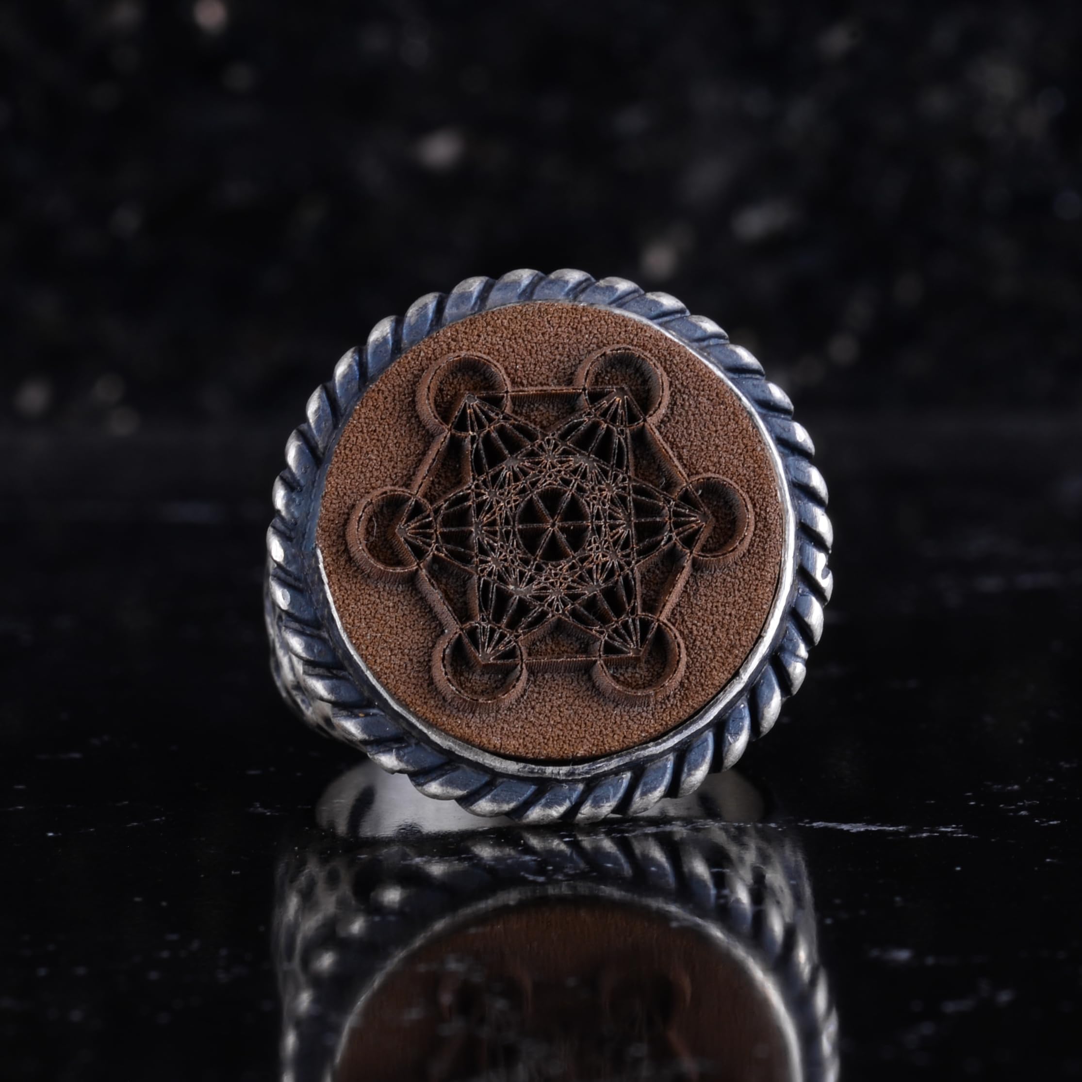 KAMBO Metatron Cube męski pierścionek z brązu, detal, srebro wysokiej próby 925, święta geometria, symbol vintage, sygnet dla mężczyzn