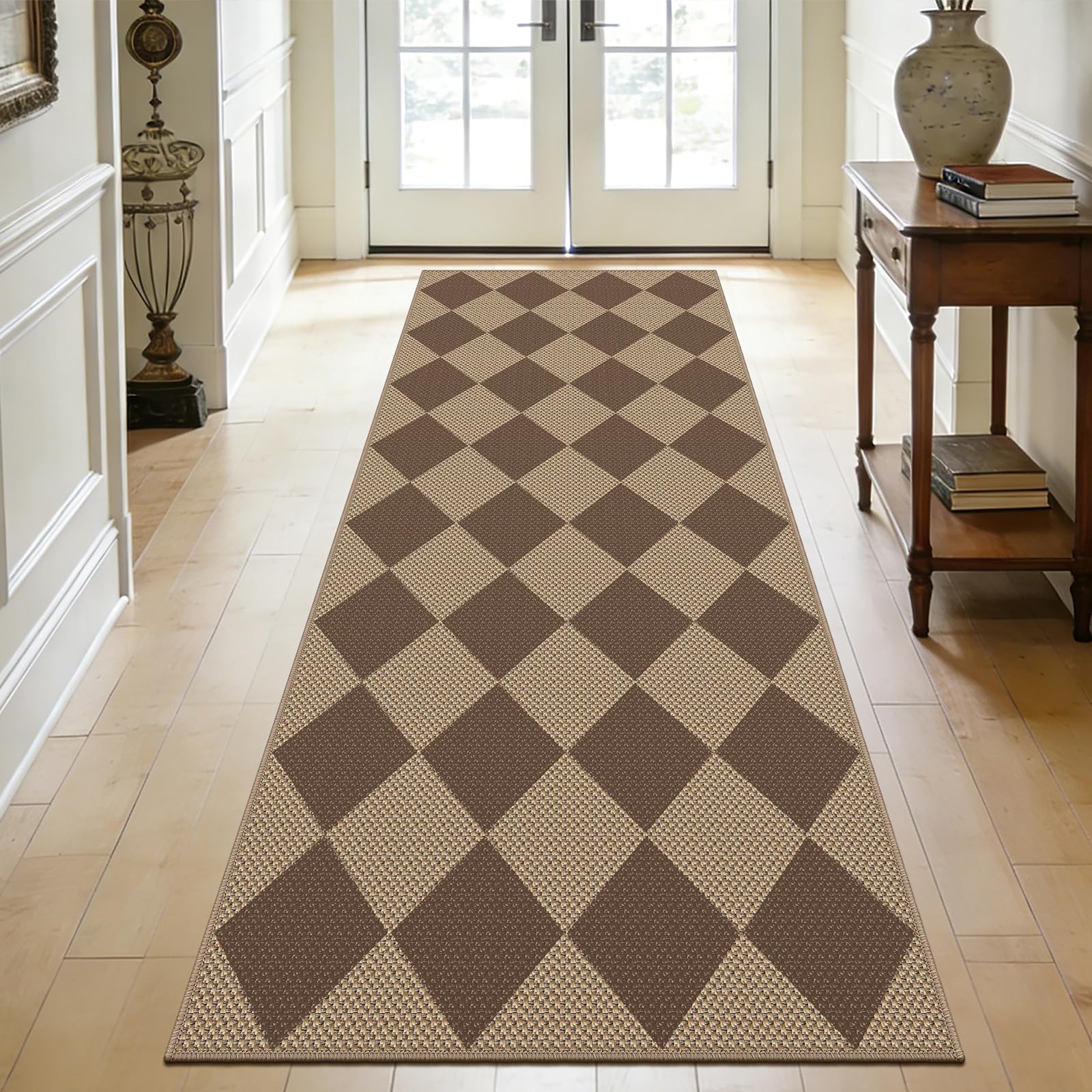 Capslpad Teppich Läufer Flur 80x200cm, Raute Jute Aussehen Küchenteppich Natürlich Waschbar Outdoor Teppich Braun rutschfest Küchenläufer für Flur, Küche, Schlafzimmer, Balkon, Terrasse