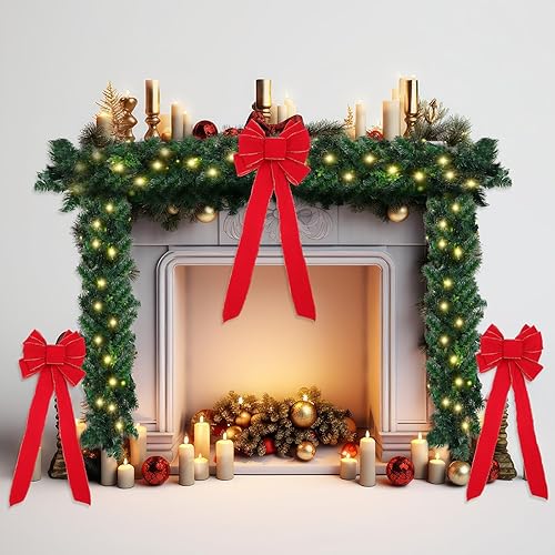 Juego de 6 guirnaldas de Navidad preiluminadas de 9 pies con luces y 5 lazos de Navidad rojos gigantes, 50 luces LED, guirnalda a pilas para